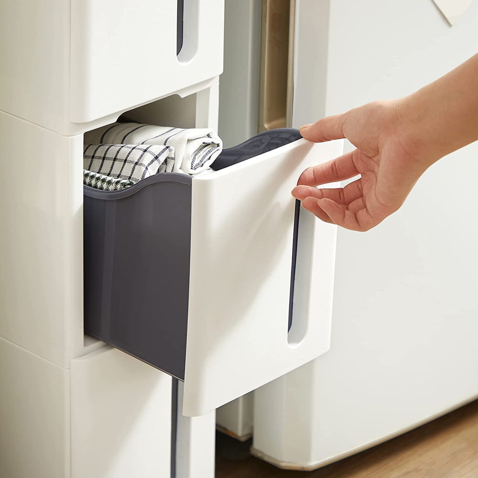 Nisrek – Uitschuifbare trolley met 4 lades – Wit-grijs