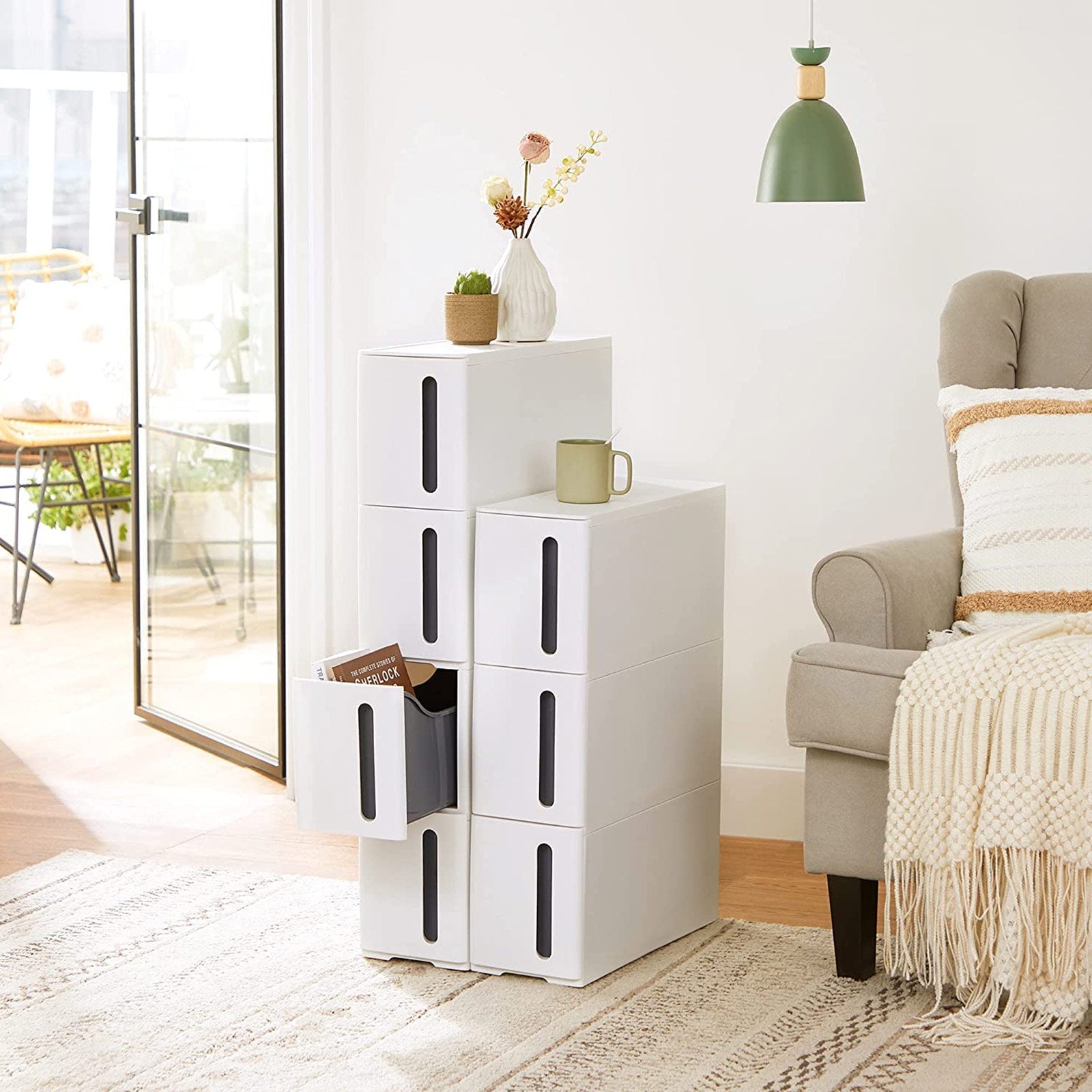 Nisrek – Uitschuifbare trolley met 4 lades – Wit-grijs