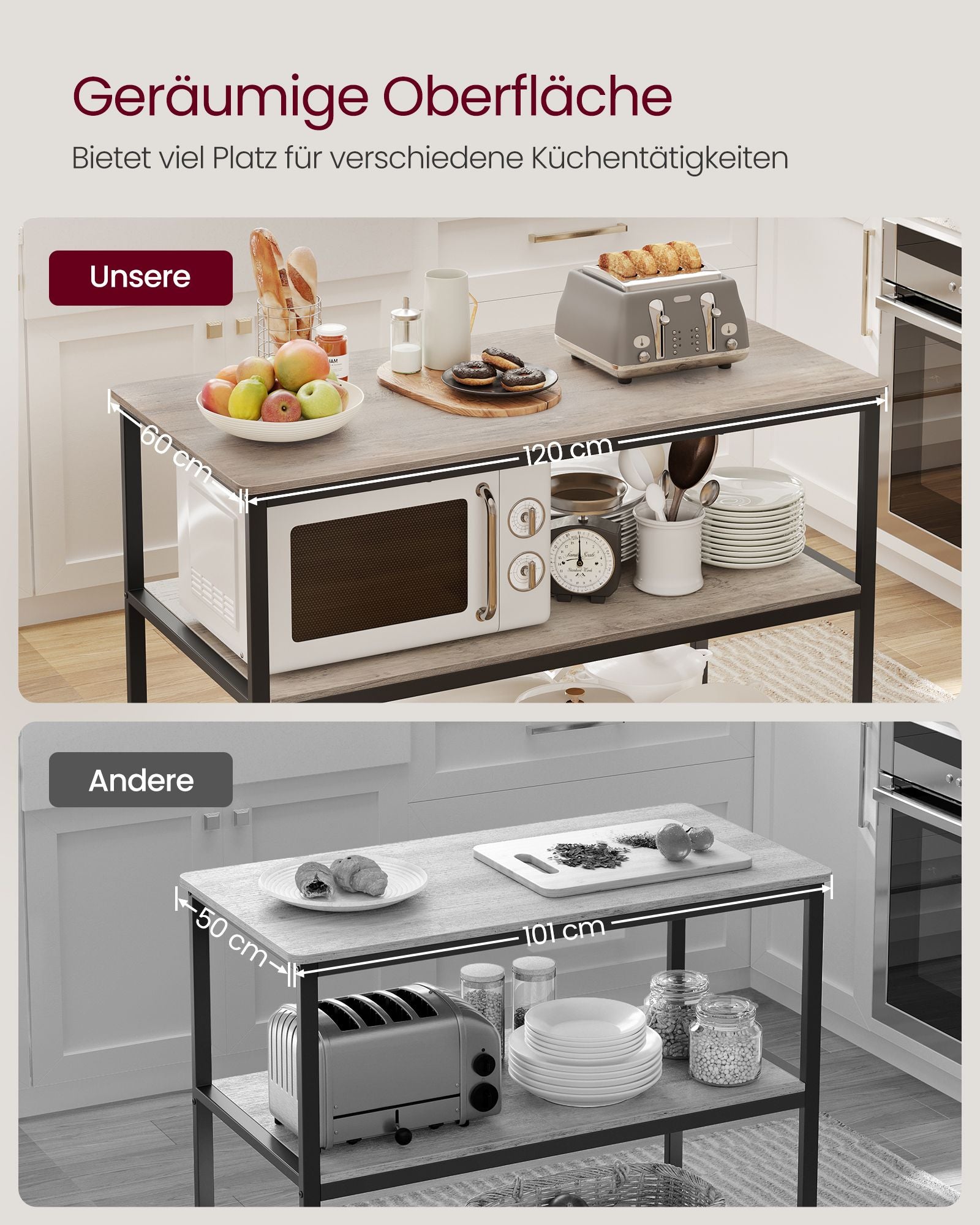 Keukenplank – 3 niveaus – 60 × 120 × 90 cm – industrieel design