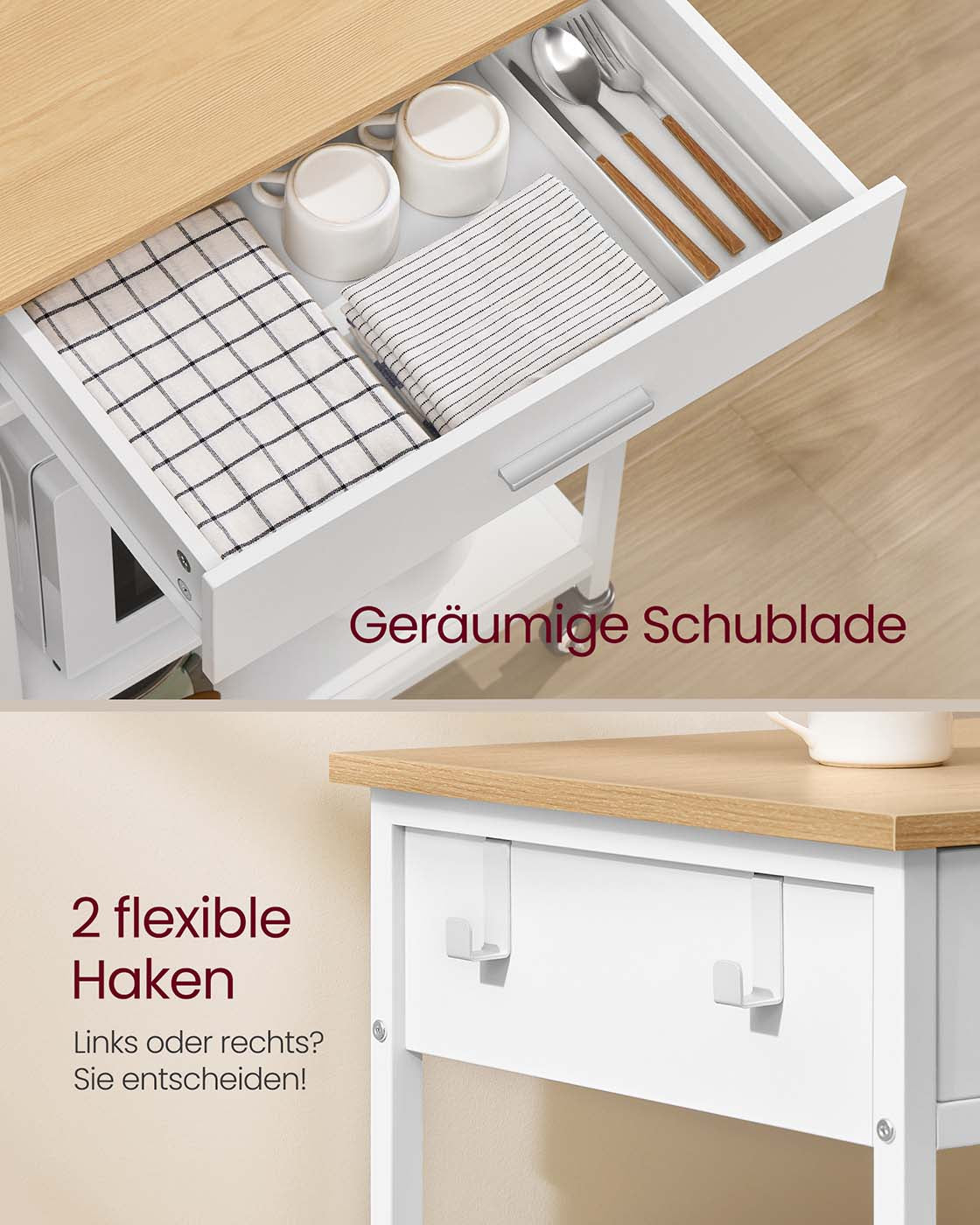 Keukentrolley – Wielen, Lade en Haken – Veel Opbergruimte – Keuken