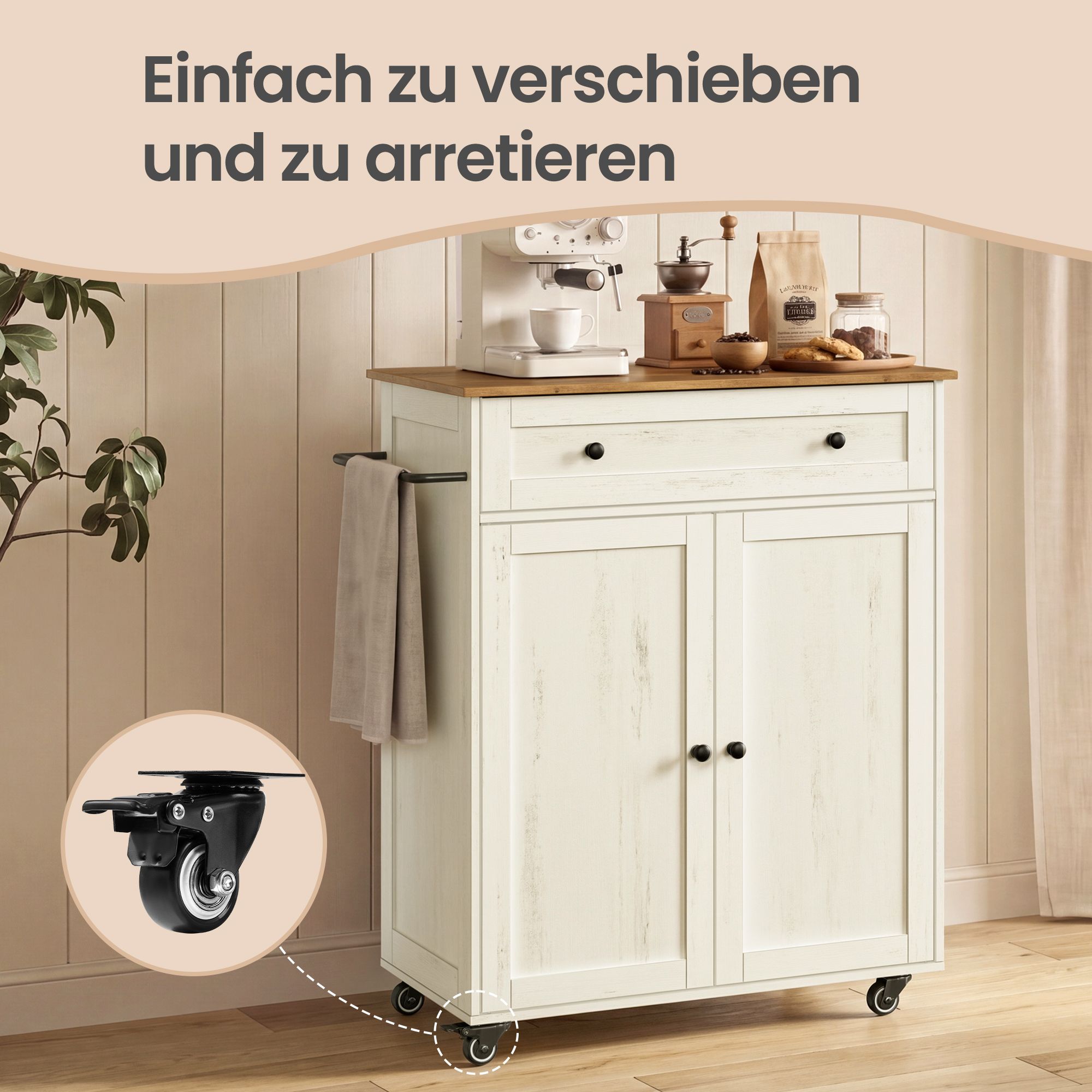 Keukentrolley - Met Kast en Lade - Landelijke Stijl - Op Wielen - Wolkenwit-Honingbruin