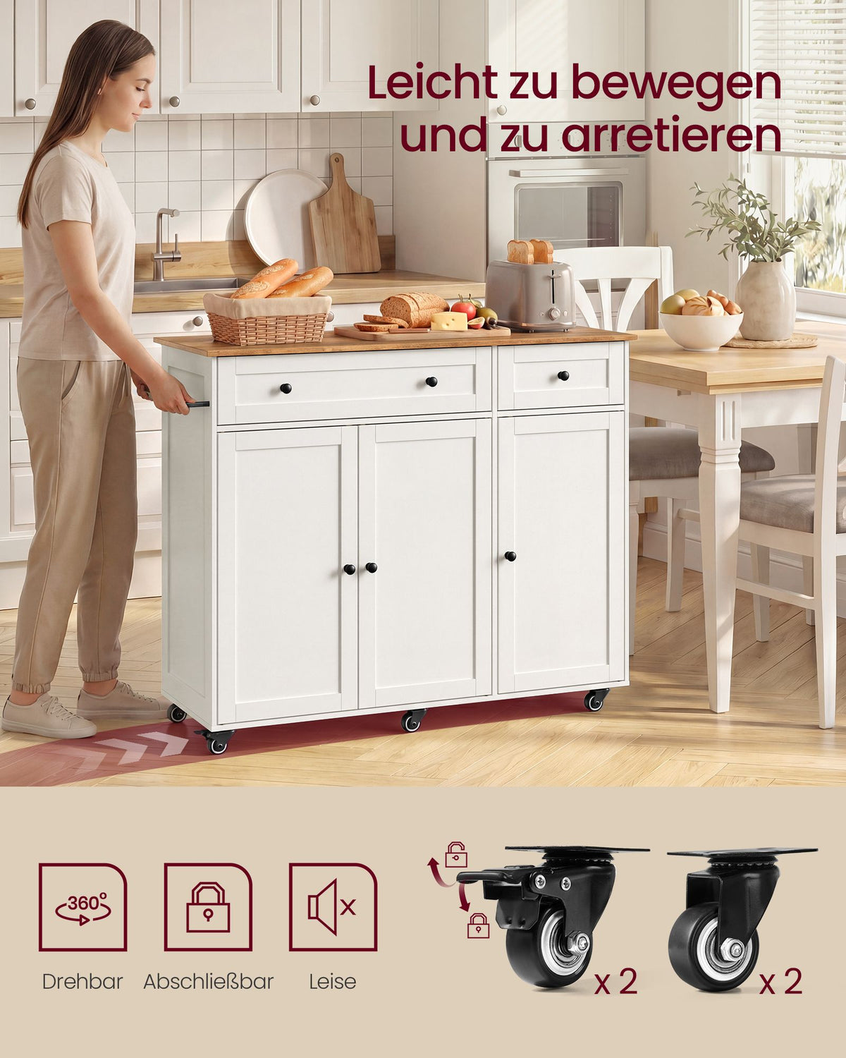 Keukentrolley – Landelijke Stijl – Lade en Verstelbare Plank – Op Wieltjes – Wit en Bruin