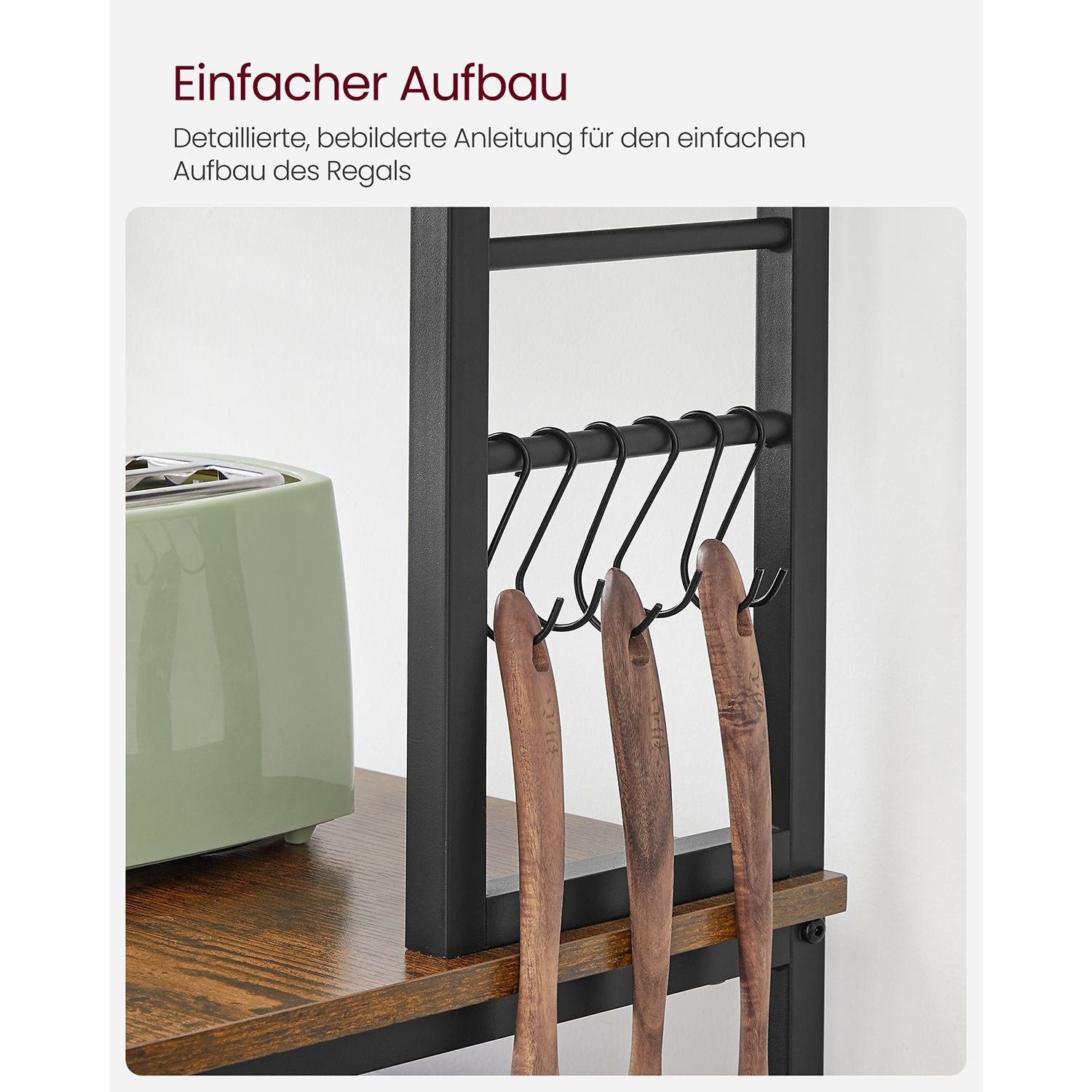 Keukenrek – Met planken en 6 haken – Vintage bruin-zwart