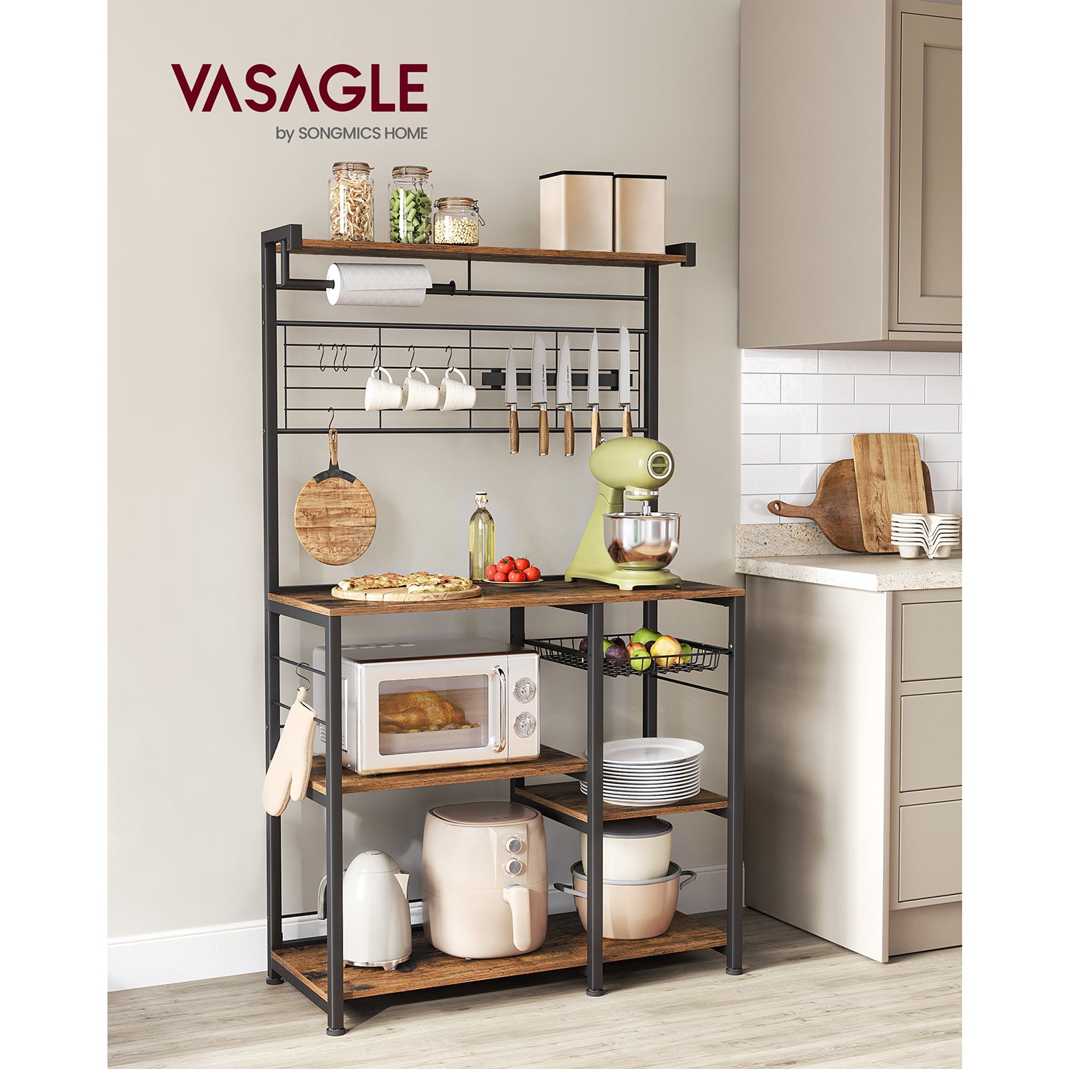 Keukenplank met magneetstrip en 12 haken vintage bruin-zwart