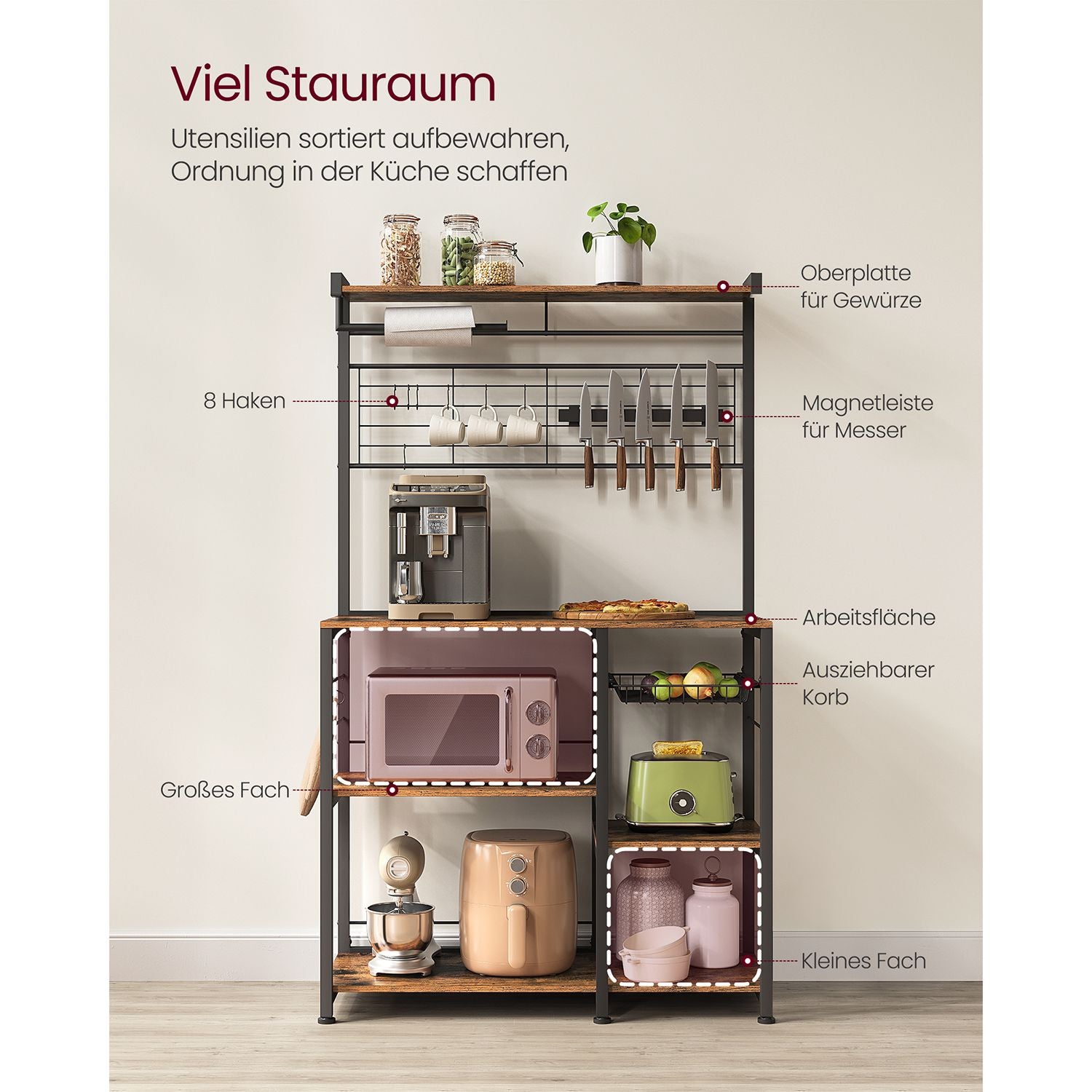 Keukenplank met magneetstrip en 12 haken vintage bruin-zwart