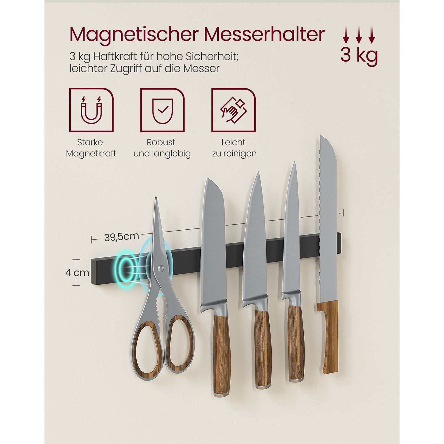 Keukenplank met magneetstrip en 12 haken vintage bruin-zwart