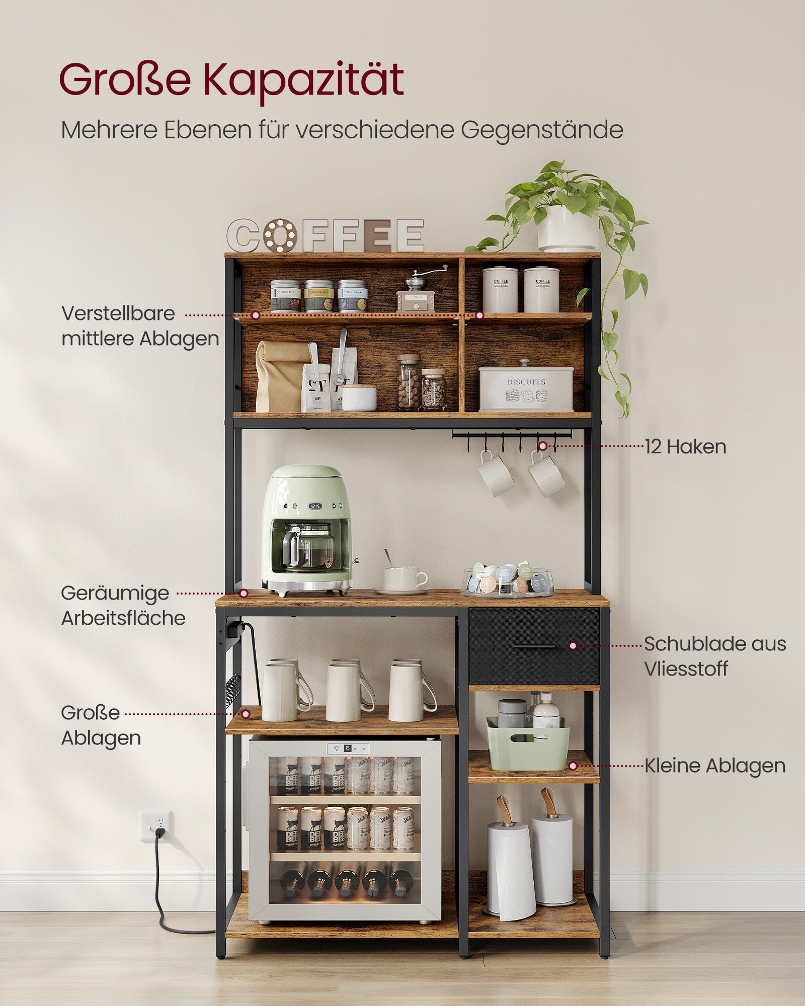 Keukenplank met Stopcontacten en Lade – Vintage bruin-inktzwart