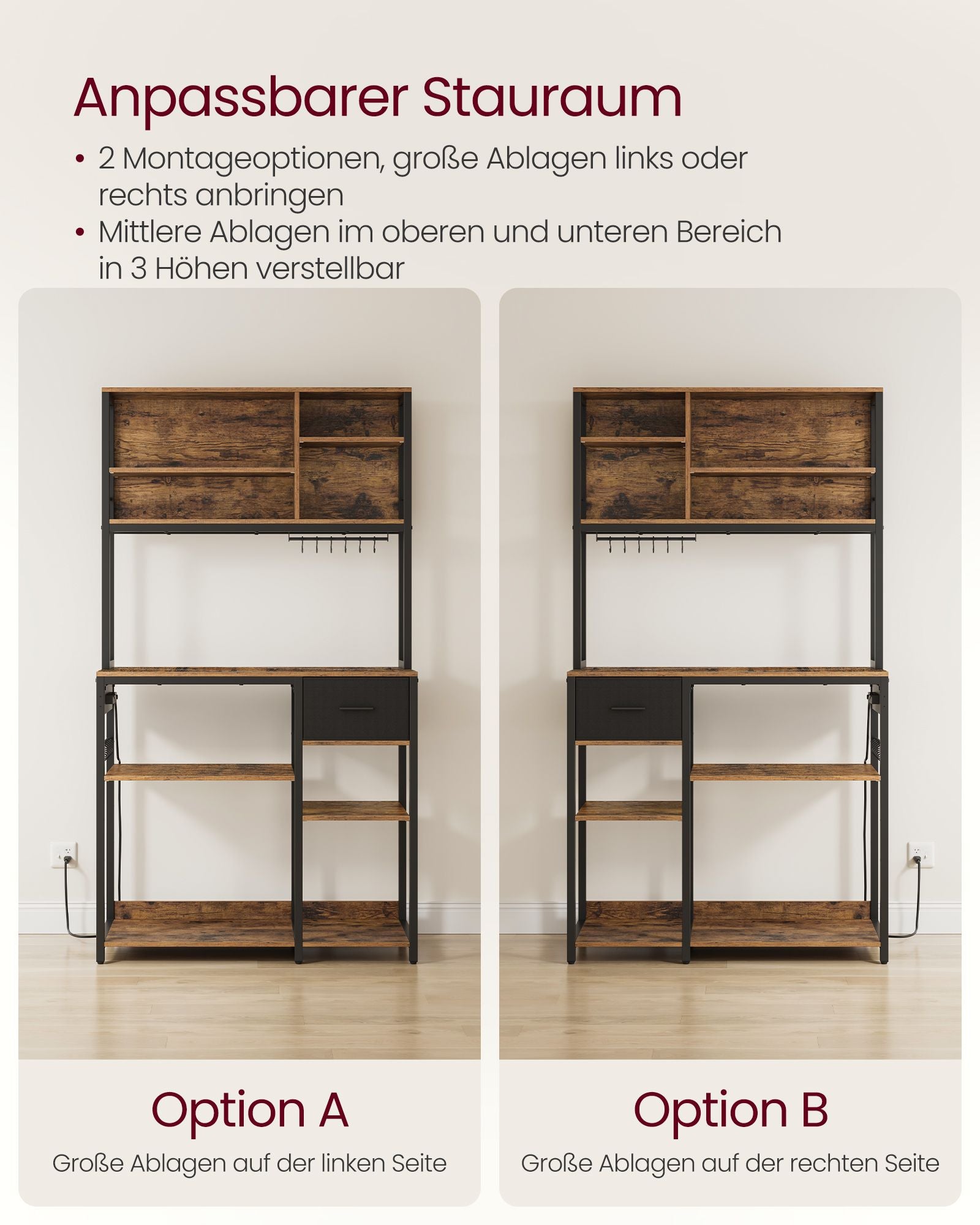 Keukenplank met Stopcontacten en Lade – Vintage bruin-inktzwart