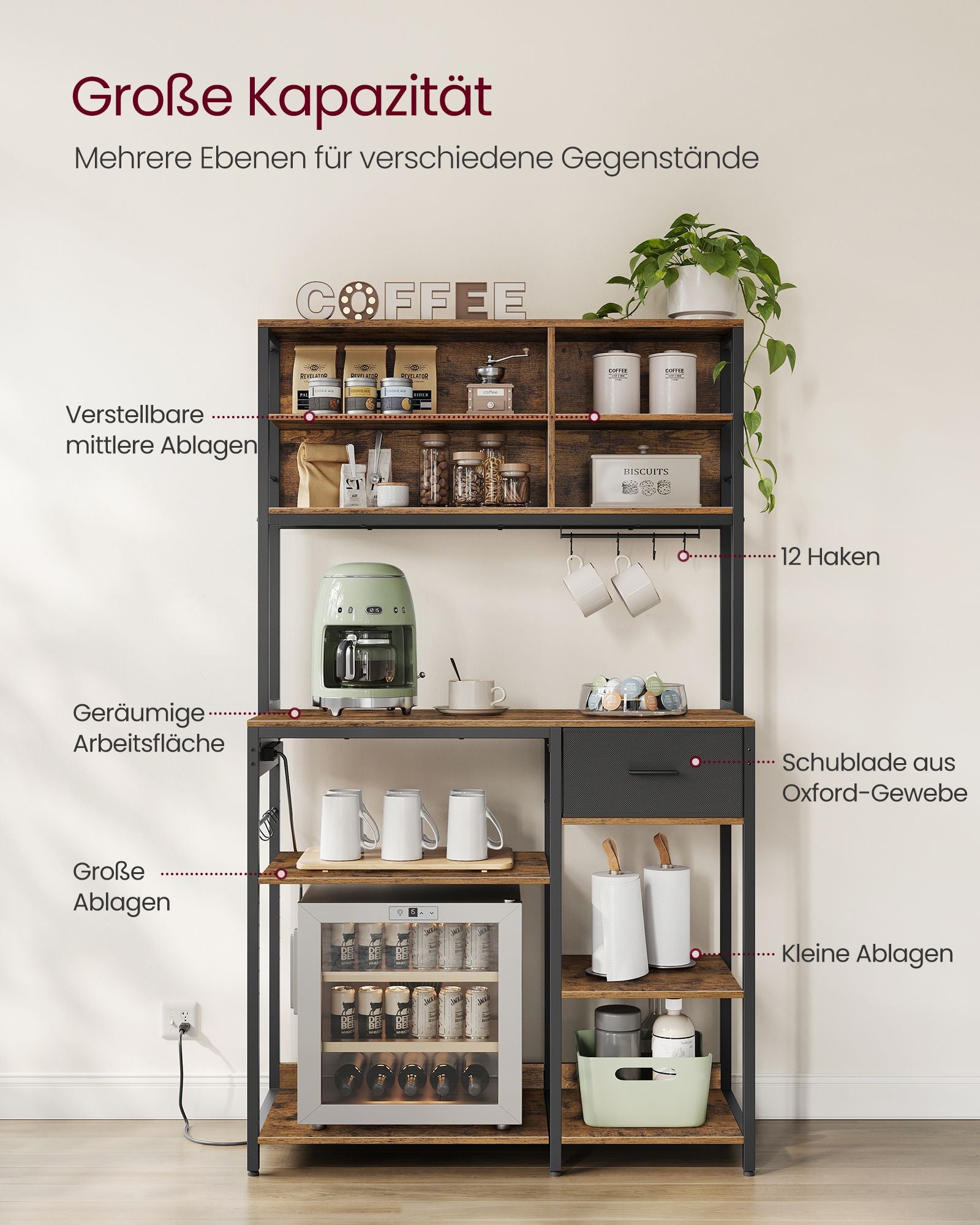 Keukenplank met stopcontacten en verstelbare planken vintage bruin en inktzwart