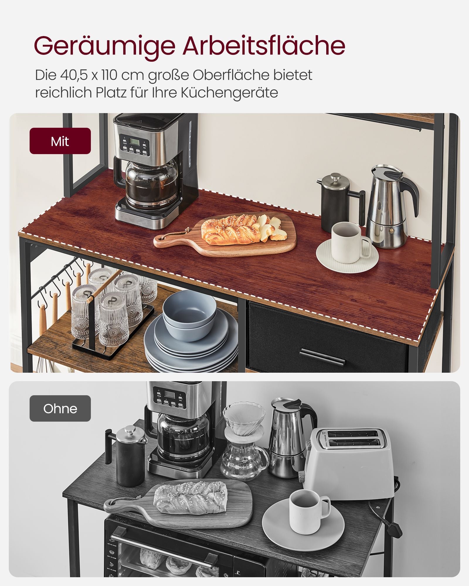 Keukenplank met stopcontacten en verstelbare planken vintage bruin en inktzwart