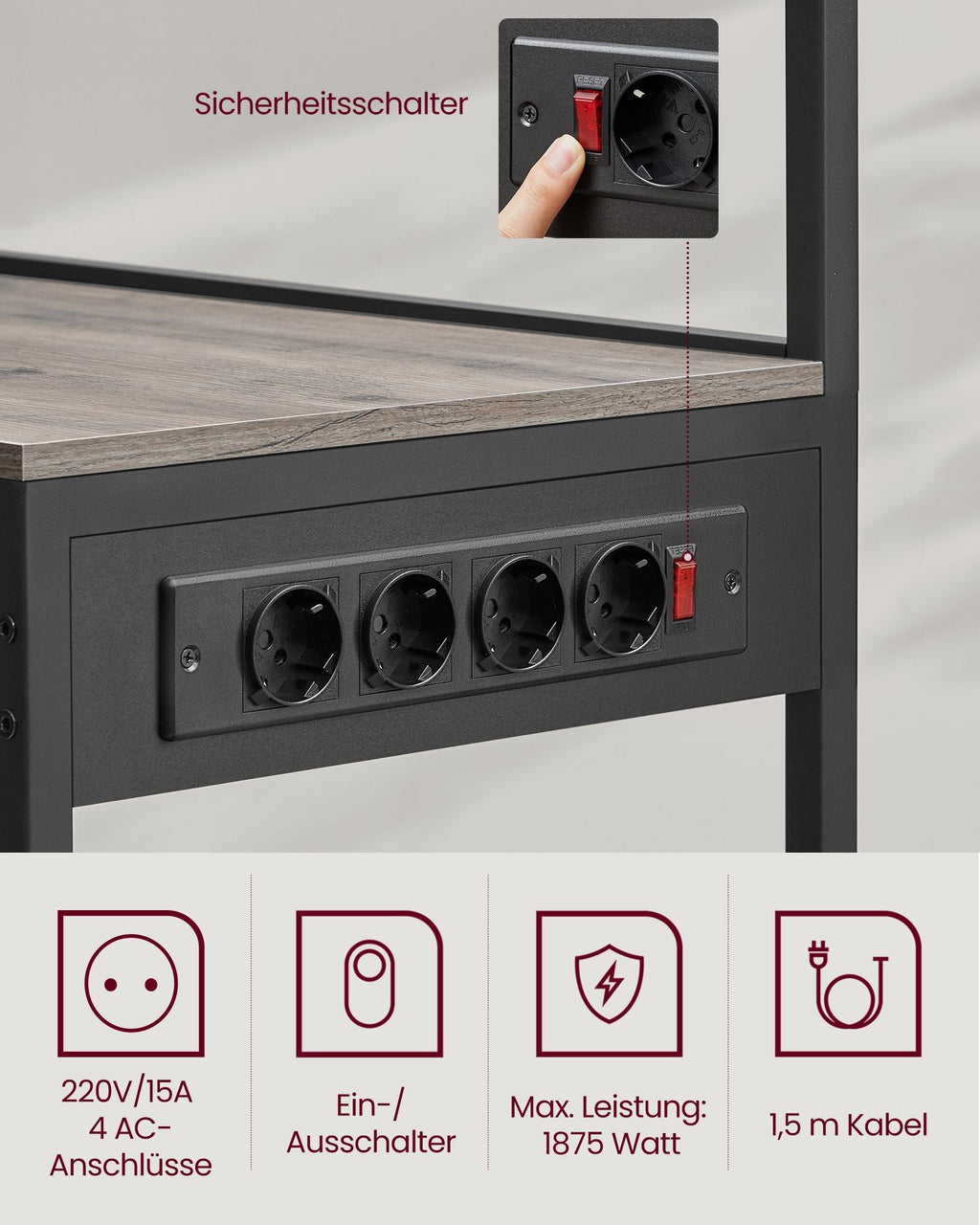 Keukenrek - Staande rek - Met stopcontact - Meerdere planken - Metalen frame - Bruin