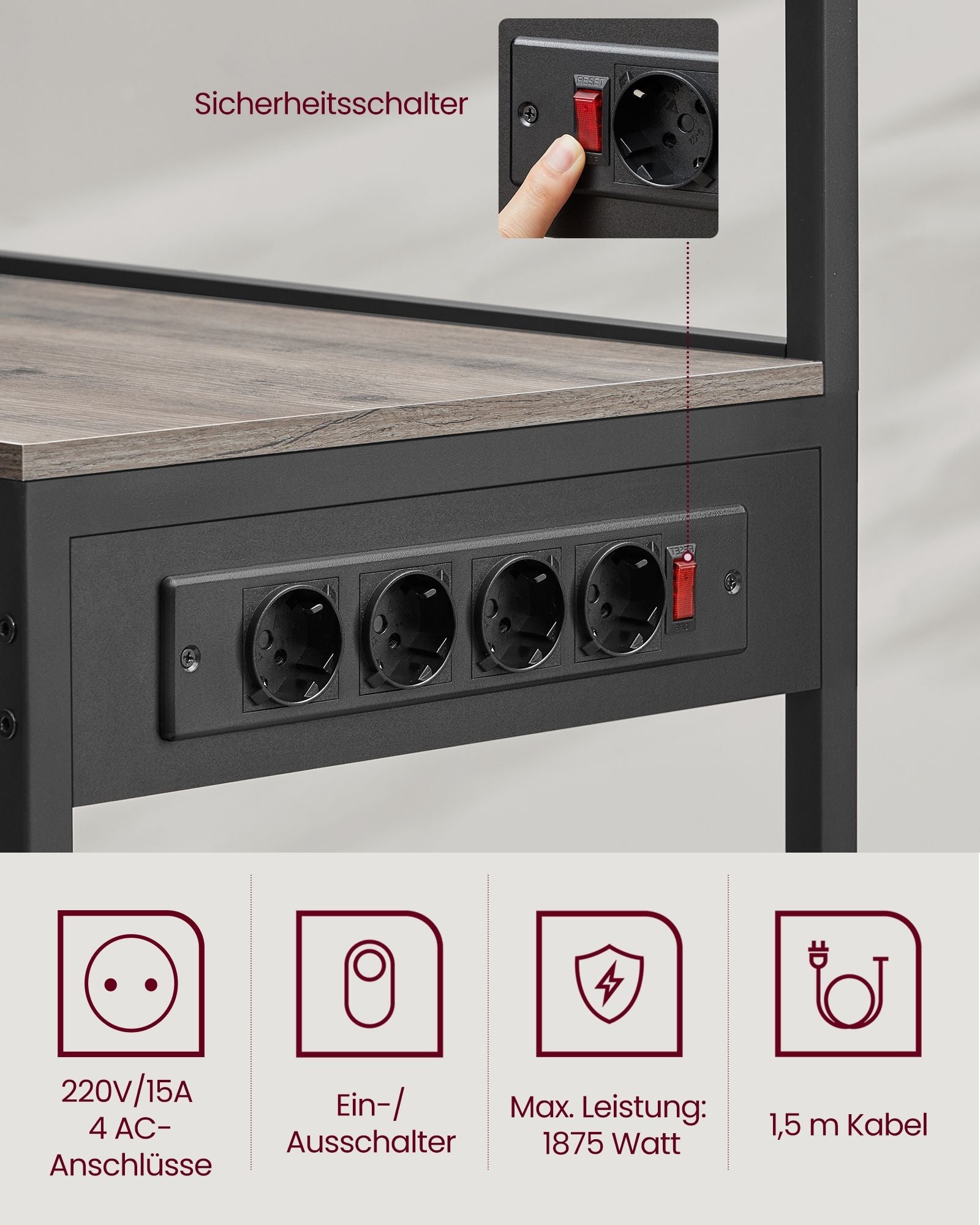 Keukenrek - Staande rek - Met stopcontact - Meerdere planken - Metalen frame - Bruin