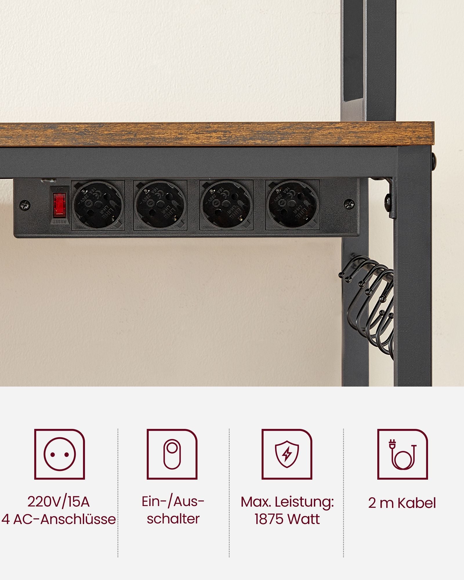 Keukenrek - Met Stopcontacten - Rasterwand - 14 Haken - Vintage Bruin-Zwart