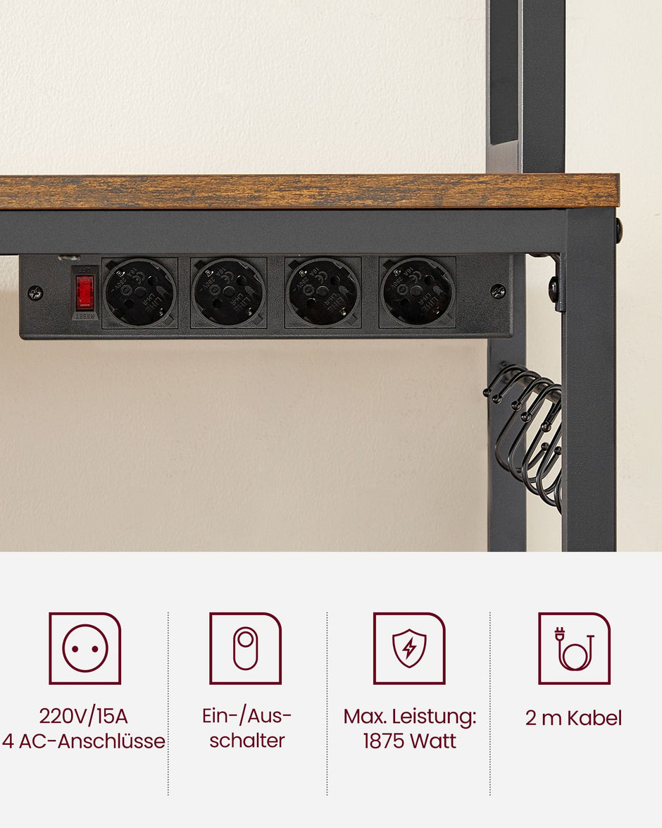 Keukenrek - Met Stopcontacten - Rasterwand - 14 Haken - Vintage Bruin-Zwart