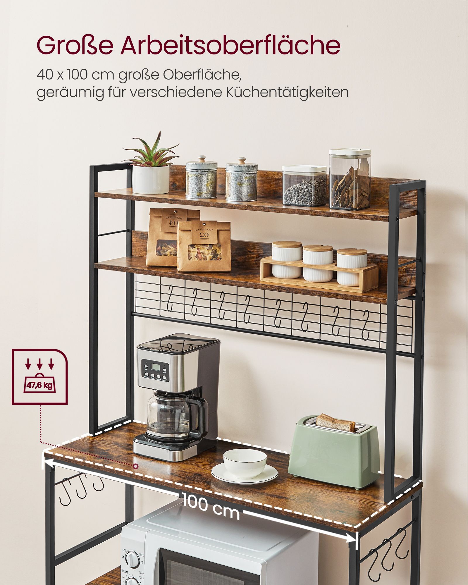 Keukenrek - Met Stopcontacten - Rasterwand - 14 Haken - Vintage Bruin-Zwart