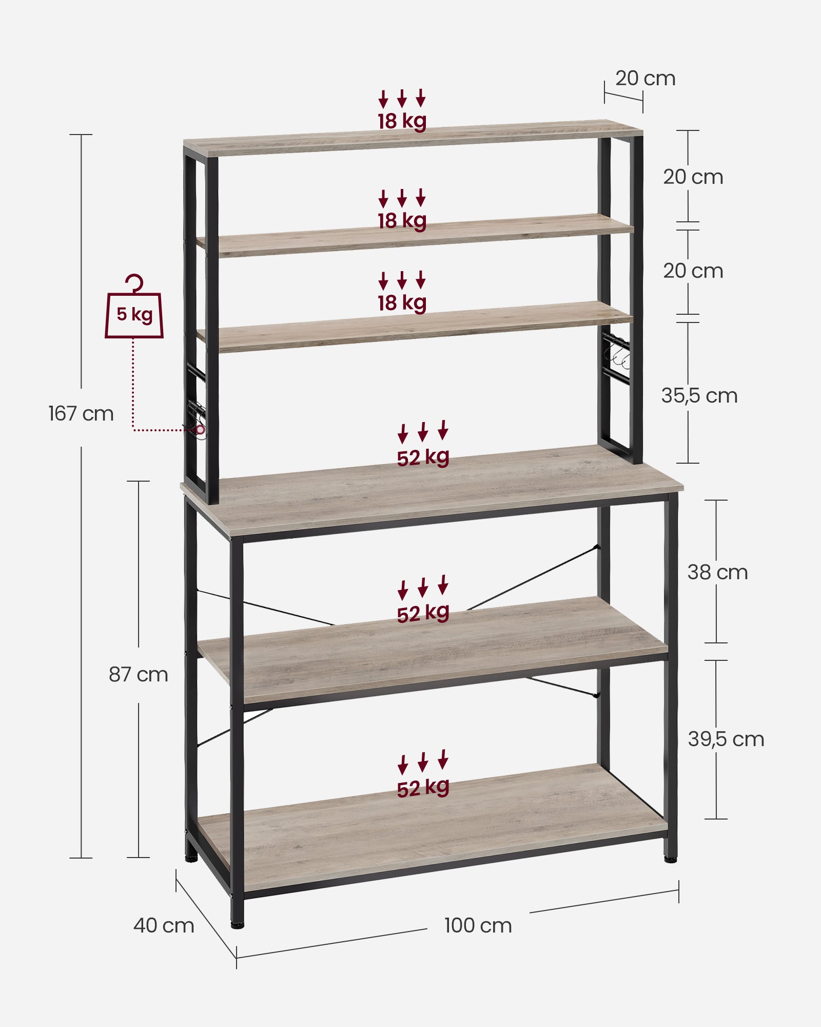 Keukenplank 6 Niveaus 40 X 100 X 167 Cm Greige-Zwart
