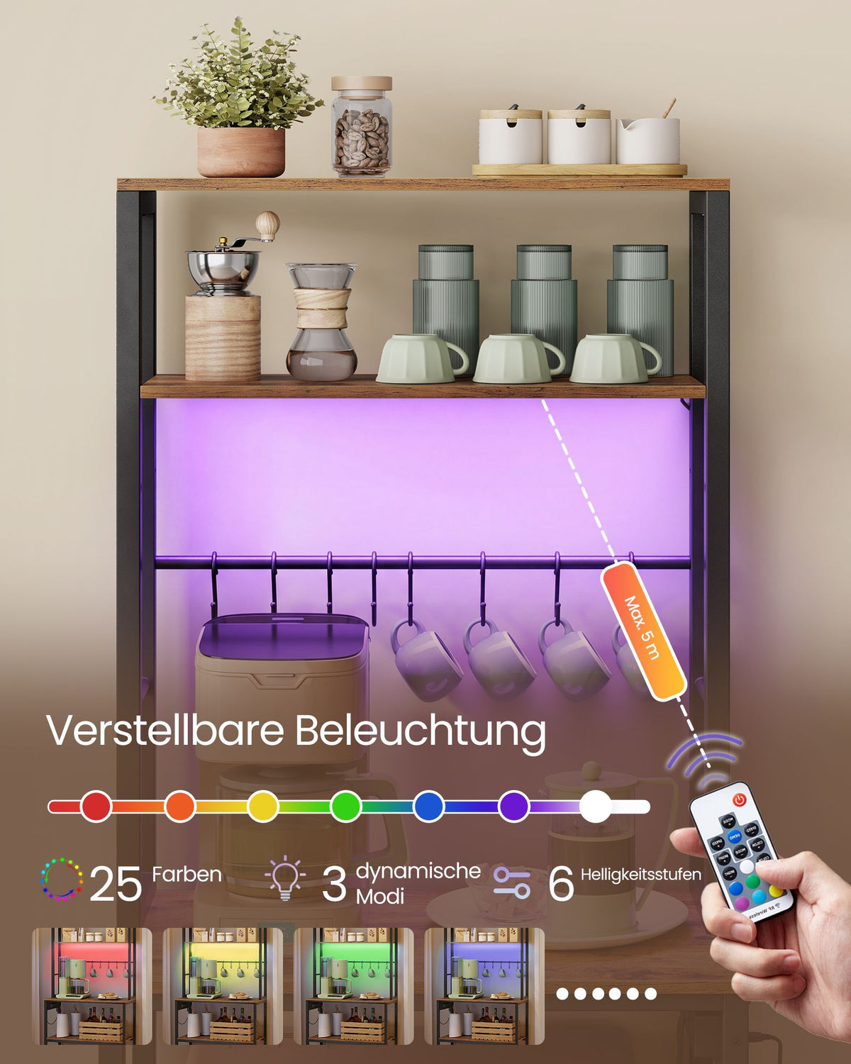 Keukenrek – LED-Verlichting en Stopcontacten – Verstelbare Planken – 8 Haken – 60 x 40 x 168 cm – Vintage Bruin en Zwart