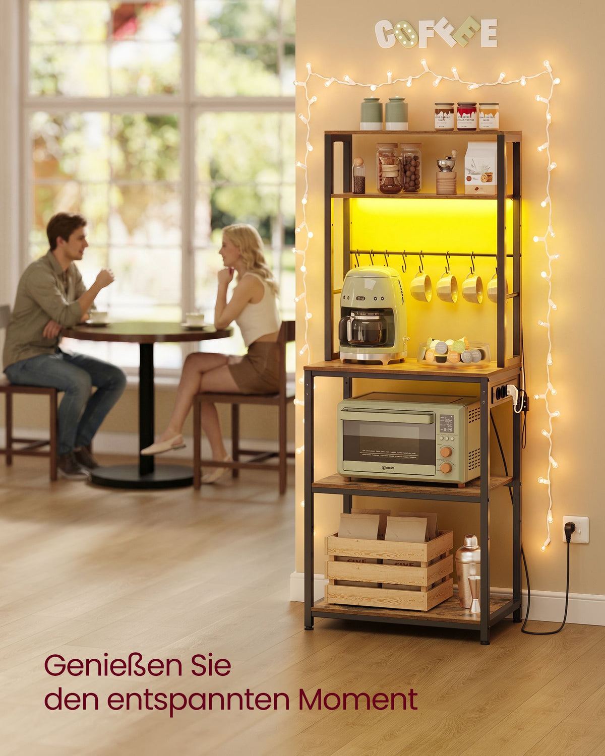 Keukenrek – LED-Verlichting en Stopcontacten – Verstelbare Planken – 8 Haken – 60 x 40 x 168 cm – Vintage Bruin en Zwart