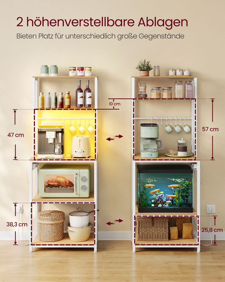 Keukenrek – LED-Verlichting en Stopcontacten – Verstelbare Planken – 8 Haken – 60 x 40 x 168 cm – Goudeiken en Matwit