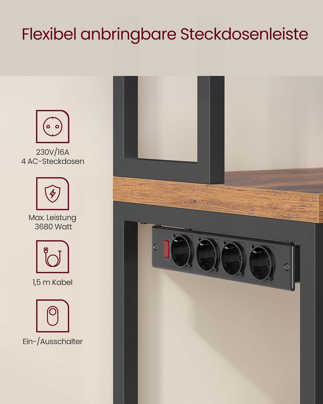 Keukenplank – Met Stopcontacten en Haken – Hout – Praktische Opbergruimte