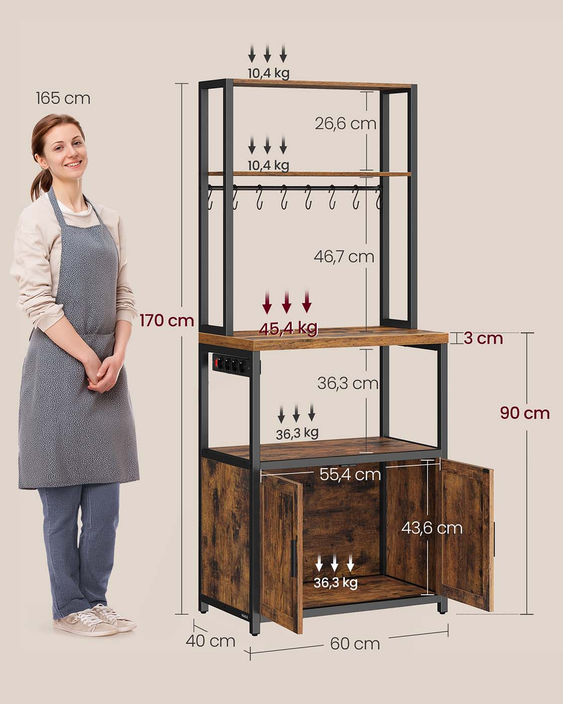 Keukenplank – Met Stopcontacten en Haken – Hout – Praktische Opbergruimte