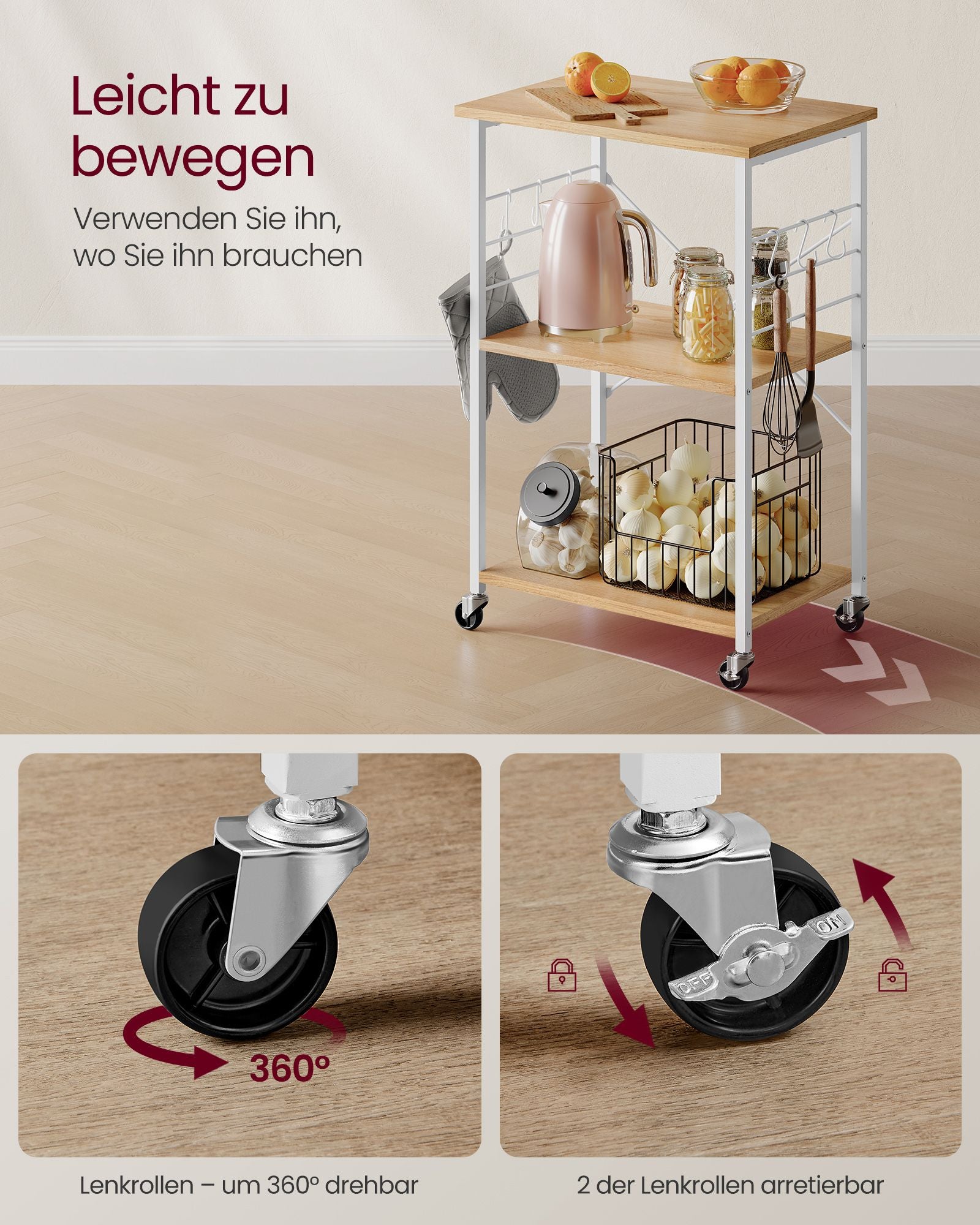 Keukenrek op wielen met 3 niveaus Gouden Eiken Wolkenwit