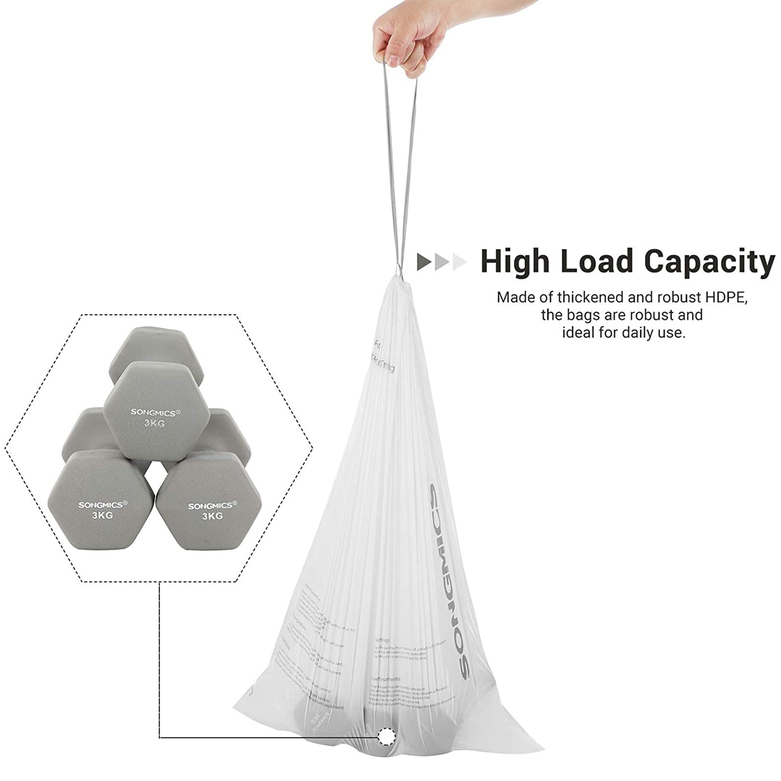 Vuilniszakken met trekkoord – Geschikt voor SONGMICS 30L en 60L – Waterdicht – 45 stuks per rol