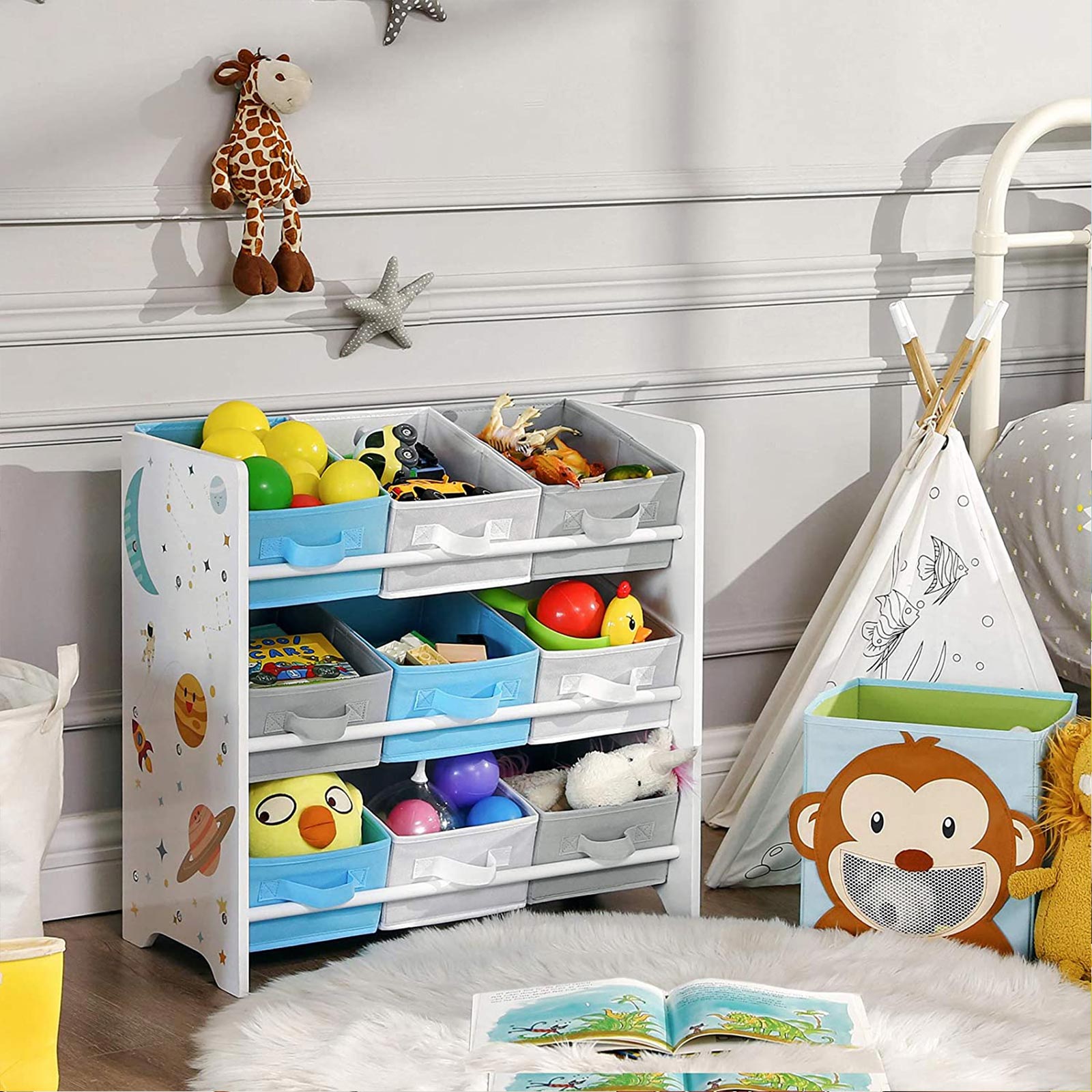 Kinderkast - Boekenkast voor speelgoed - 9 fleece opbergdozen - Wit/Blauw