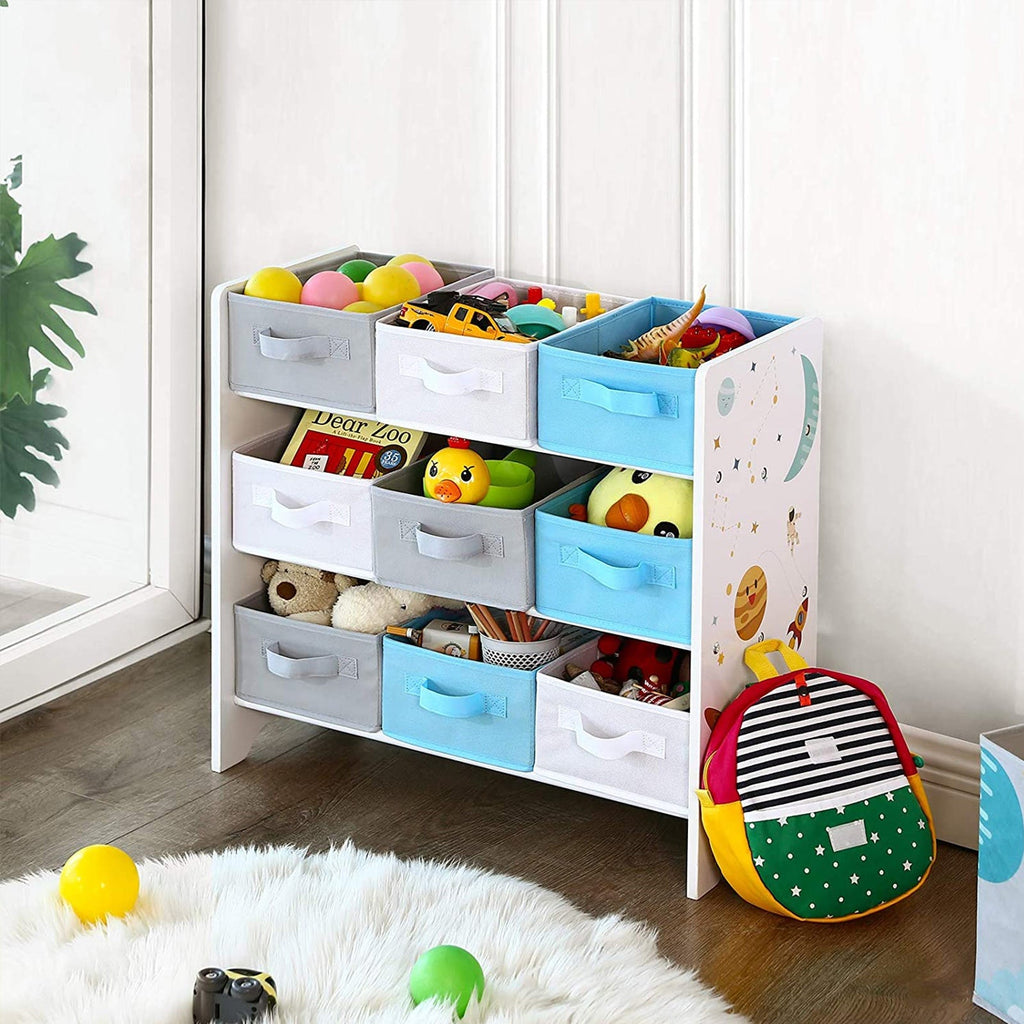 Kinderkast - Boekenkast voor speelgoed - 9 fleece opbergdozen - Wit/Blauw