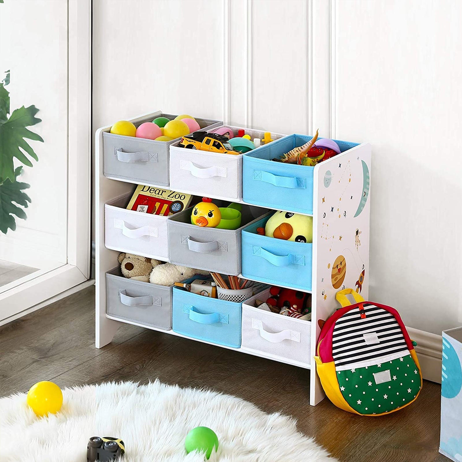 Kinderkast - Boekenkast voor speelgoed - 9 fleece opbergdozen - Wit/Blauw