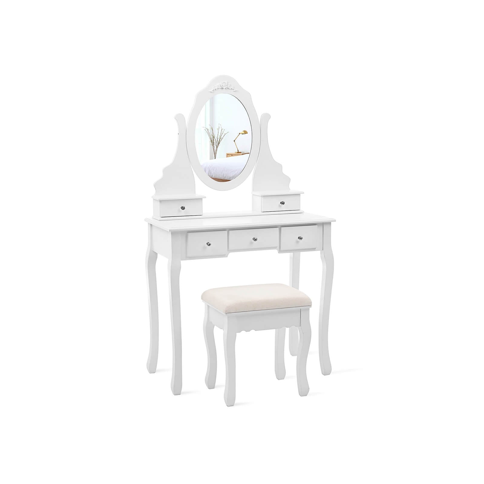 Kaptafel – make-up tafel – 5 lades – draaibare spiegel – met kruk – wit