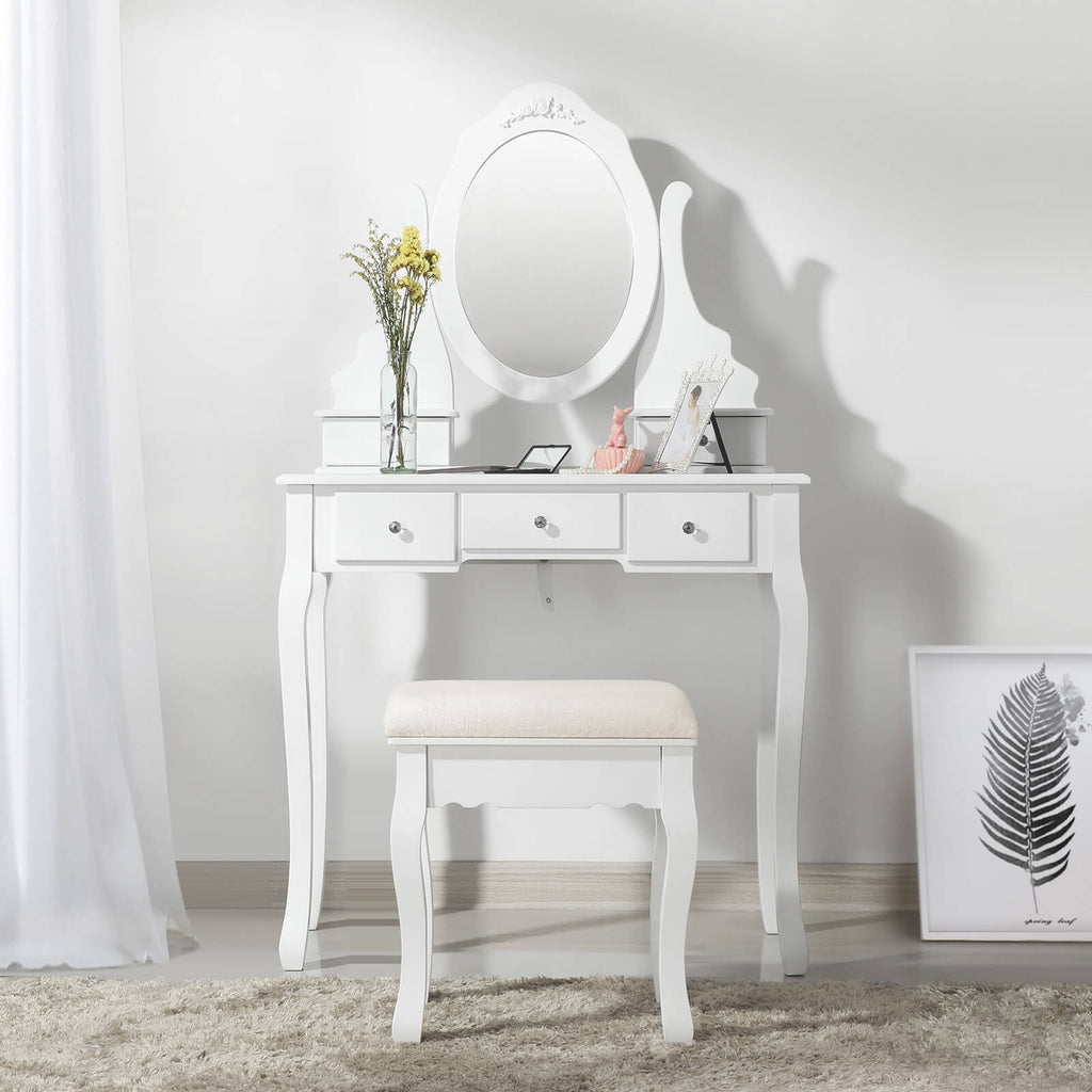 Kaptafel – make-up tafel – 5 lades – draaibare spiegel – met kruk – wit