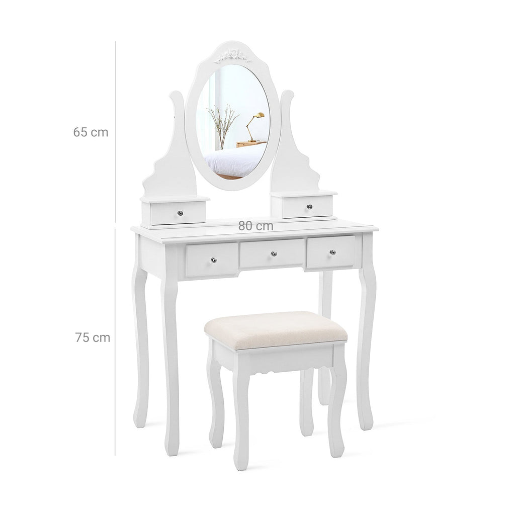 Kaptafel – make-up tafel – 5 lades – draaibare spiegel – met kruk – wit