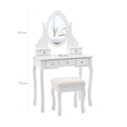Kaptafel – make-up tafel – 5 lades – draaibare spiegel – met kruk – wit