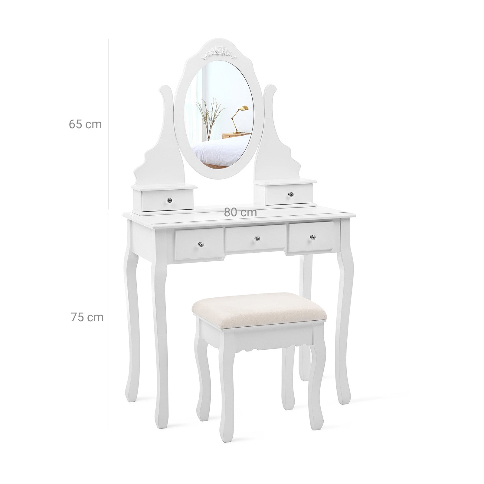 Kaptafel – make-up tafel – 5 lades – draaibare spiegel – met kruk – wit