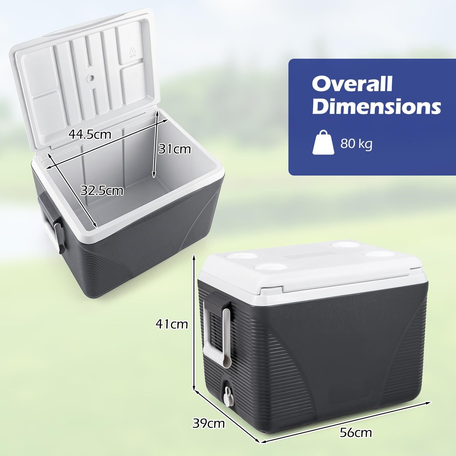 Kylbox – Thermobox utan ström i upp till dagar kylning Isoleringsbox av plast med dryckeshållare – 41 L 5-7 4 – Svart