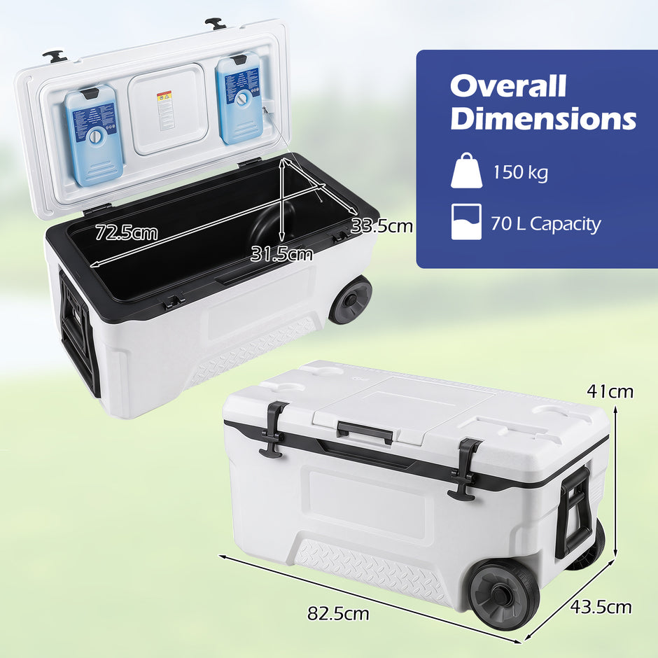 Kylbox – Stor thermobox i plast med hjul och handtag avloppspropp dryckeshållare – 70 l – Vit