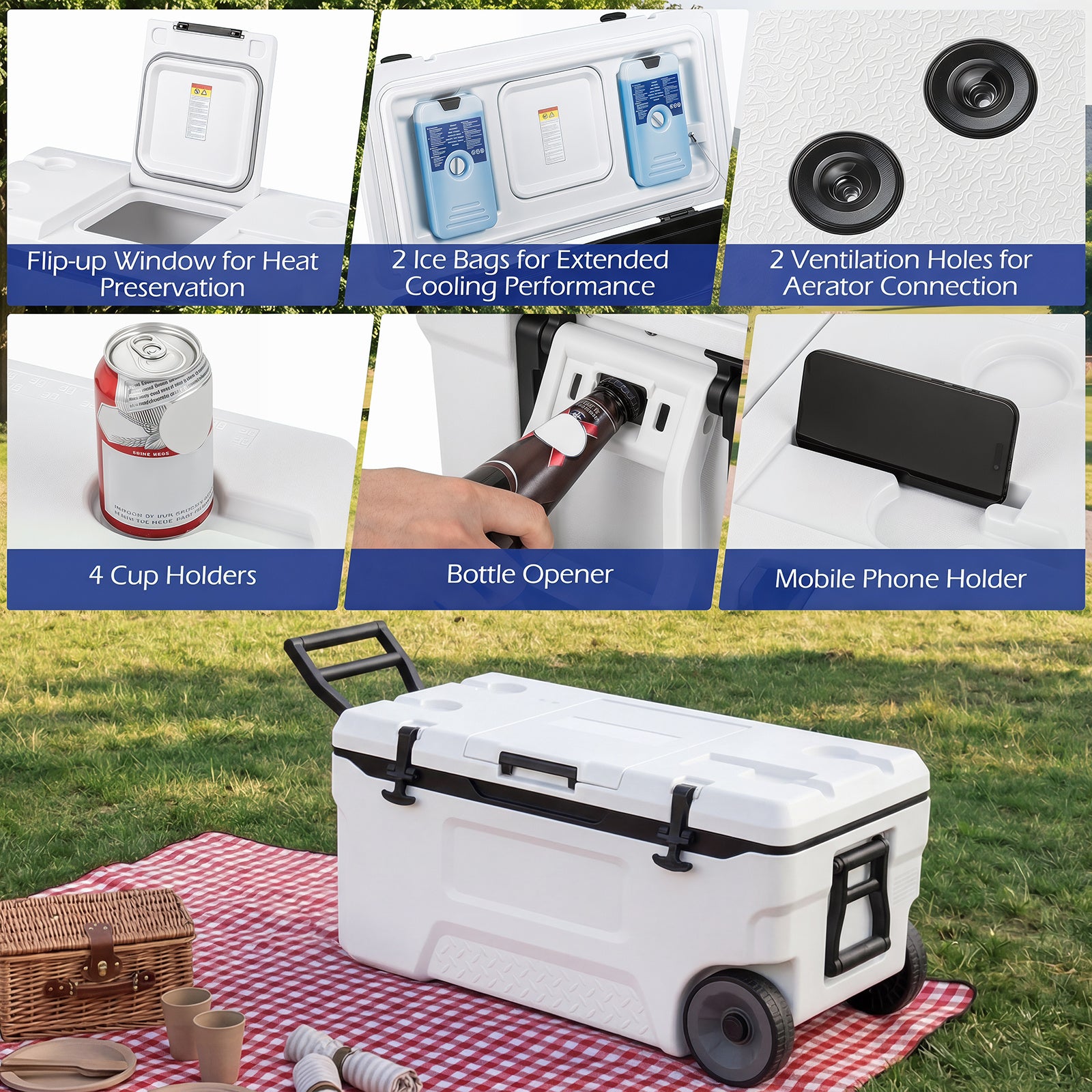 Kylbox – Stor thermobox i plast med hjul och handtag avloppspropp dryckeshållare – 70 l – Vit