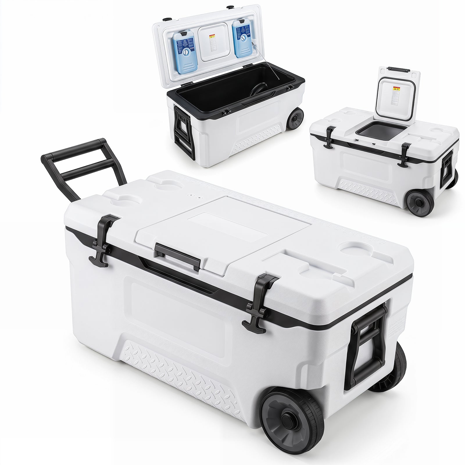 Kylbox – Stor thermobox i plast med hjul och handtag avloppspropp dryckeshållare – 70 l – Vit