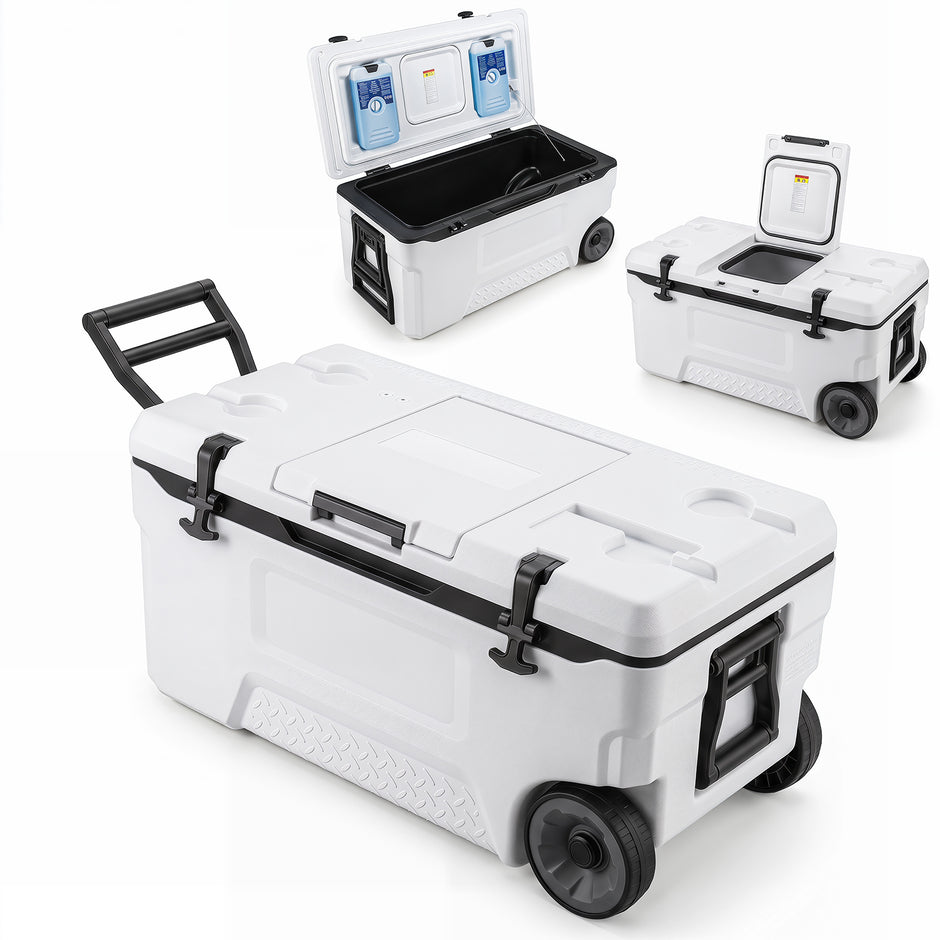 Kylbox – Stor thermobox i plast med hjul och handtag avloppspropp dryckeshållare – 70 l – Vit