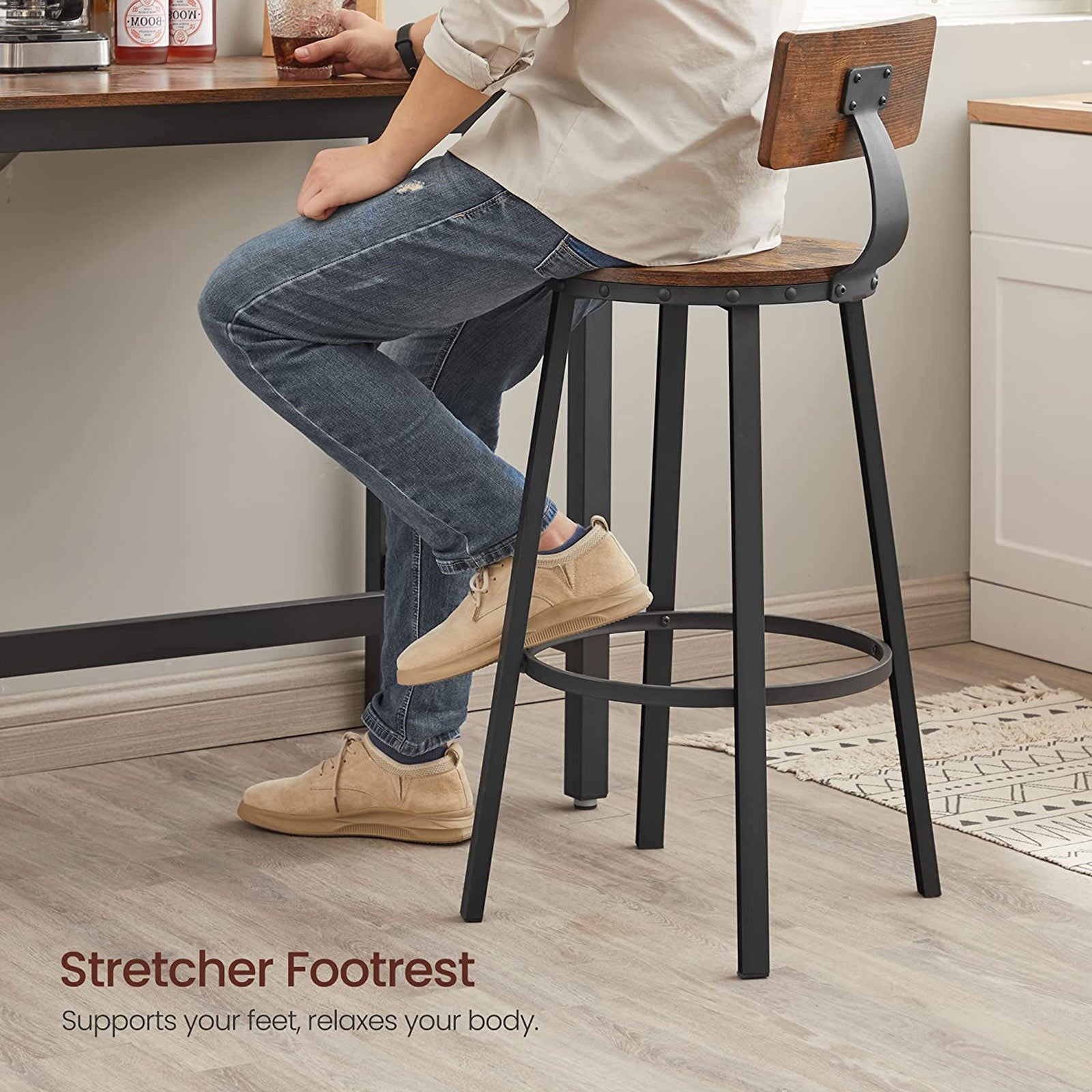 Barkrukken – Met rugleuning en voetensteun – Zithoogte 73 cm – Industrieel design – Ruimtebesparend