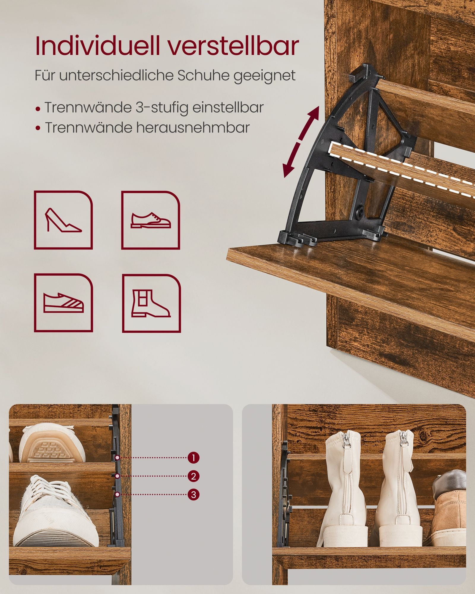 Schoenenkast – met 2 kleppen en open vak – vintage bruin