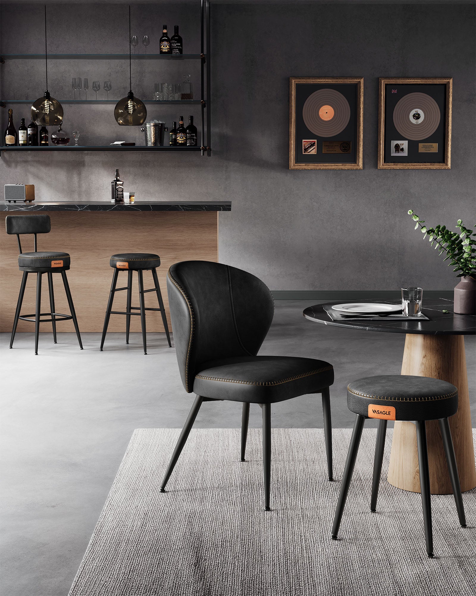 Barkrukken Set van 2 – Industrieel Design – Inktzwart – Zithoogte 63 cm – Met PU-kunstleer