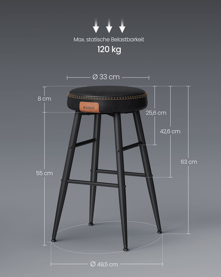 Barkrukken Set van 2 – Industrieel Design – Inktzwart – Zithoogte 63 cm – Met PU-kunstleer