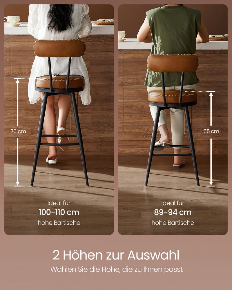 Barkrukken - Barstoelen - Set van 2 - Metalen frame - Met rugleuning - Bruin