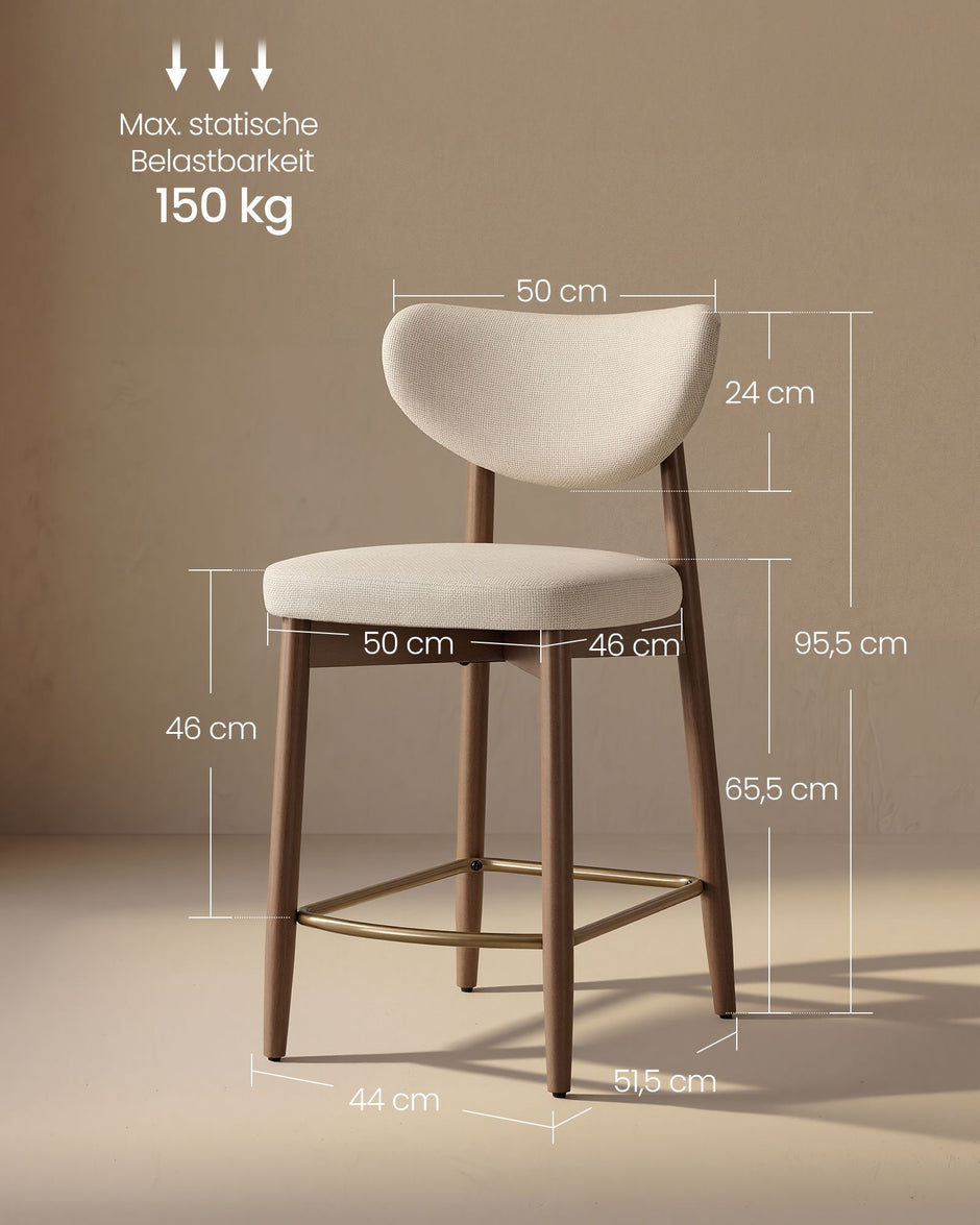 Barkruk - 2-Delige Set met Rugleuning en Houten Poten - Lichtbeige - 50 x 51,5 x 95,5 cm