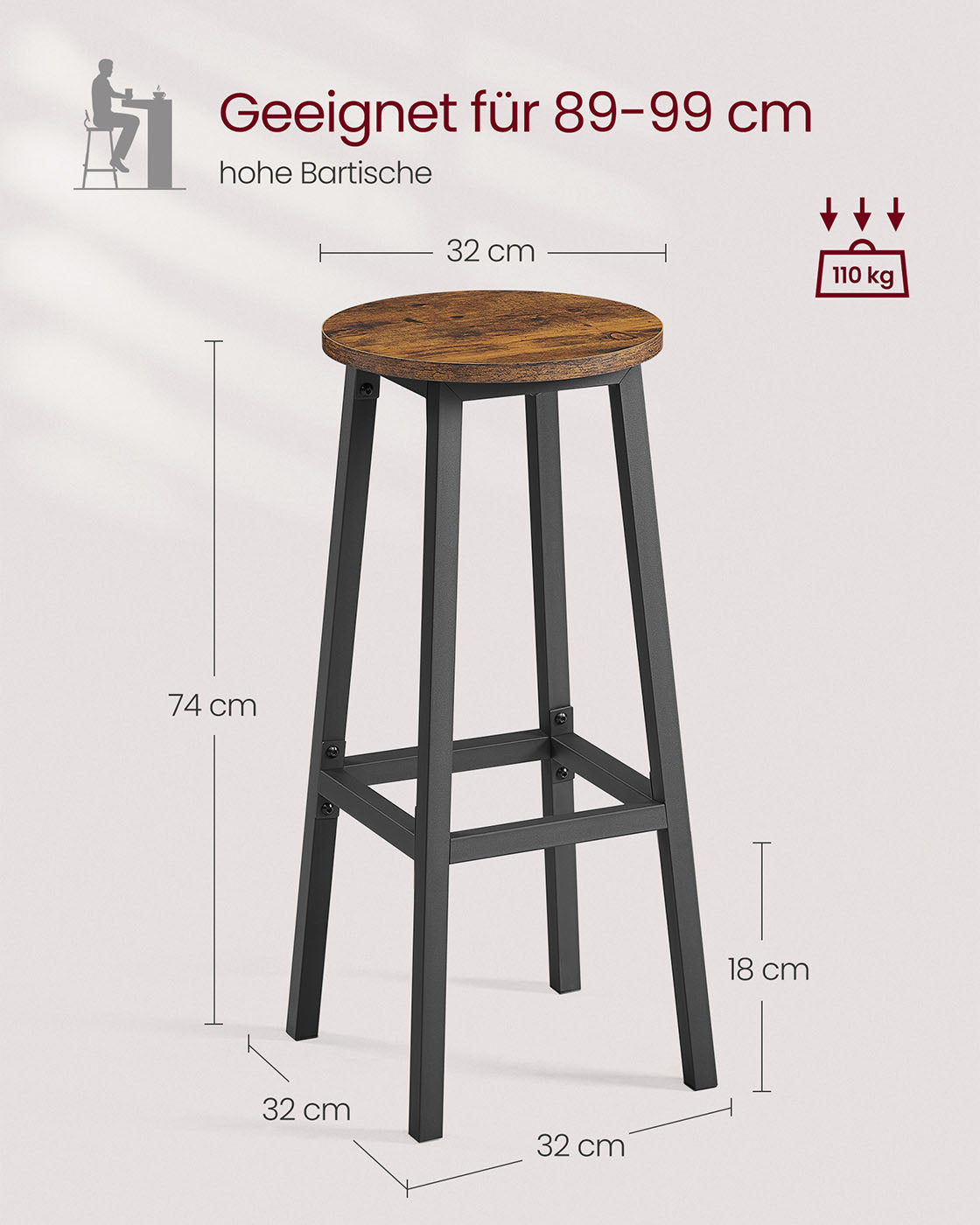 Barkruk set van 2 – Vintage bruin-zwart – Met voetensteun – Zithoogte 74 cm