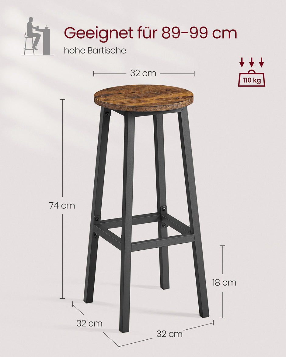 Barkruk set van 2 – Vintage bruin-zwart – Met voetensteun – Zithoogte 74 cm