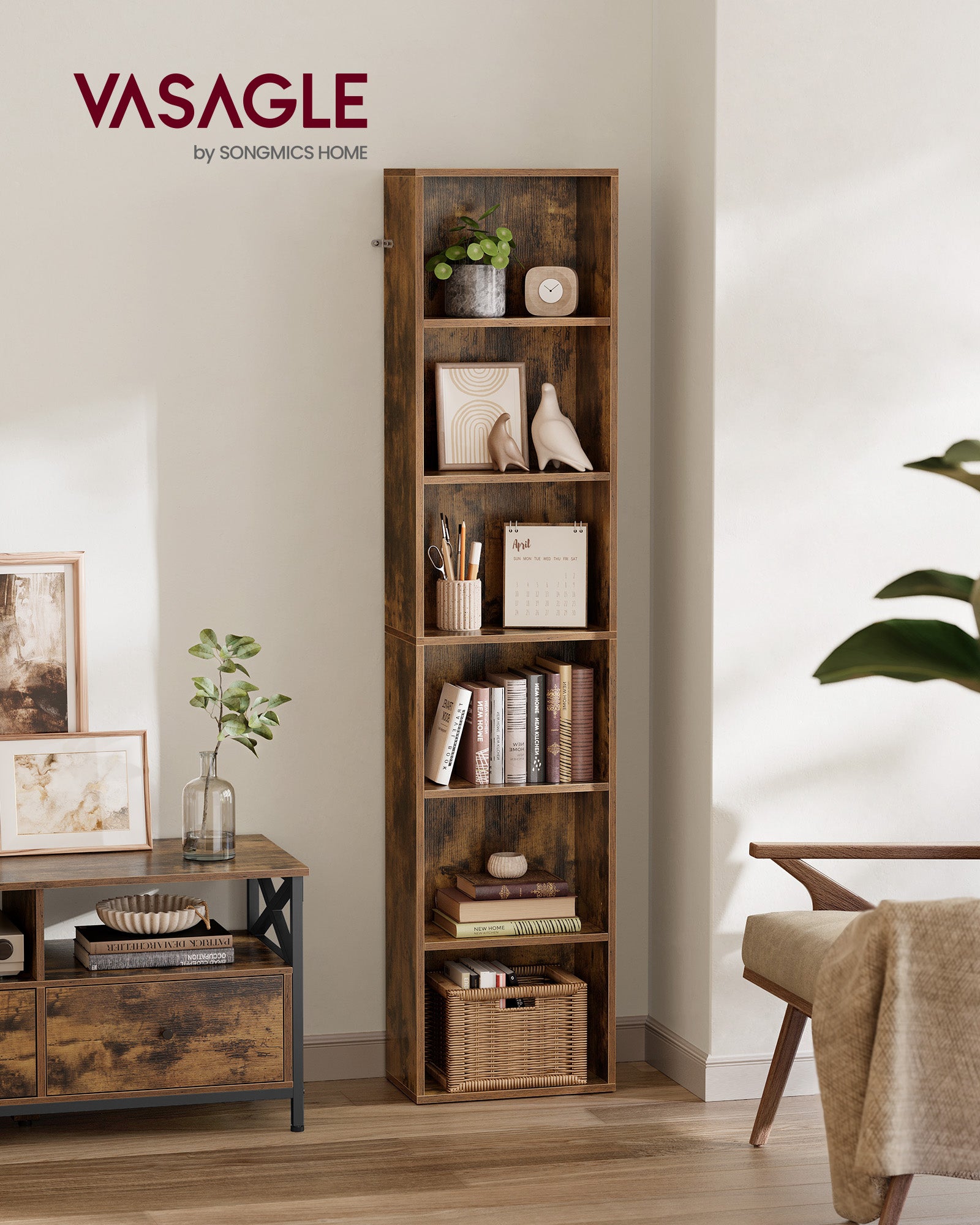 Boekenkast, Met 6 Niveaus 24 X 40 X 178,5 Cm Vintage Bruin