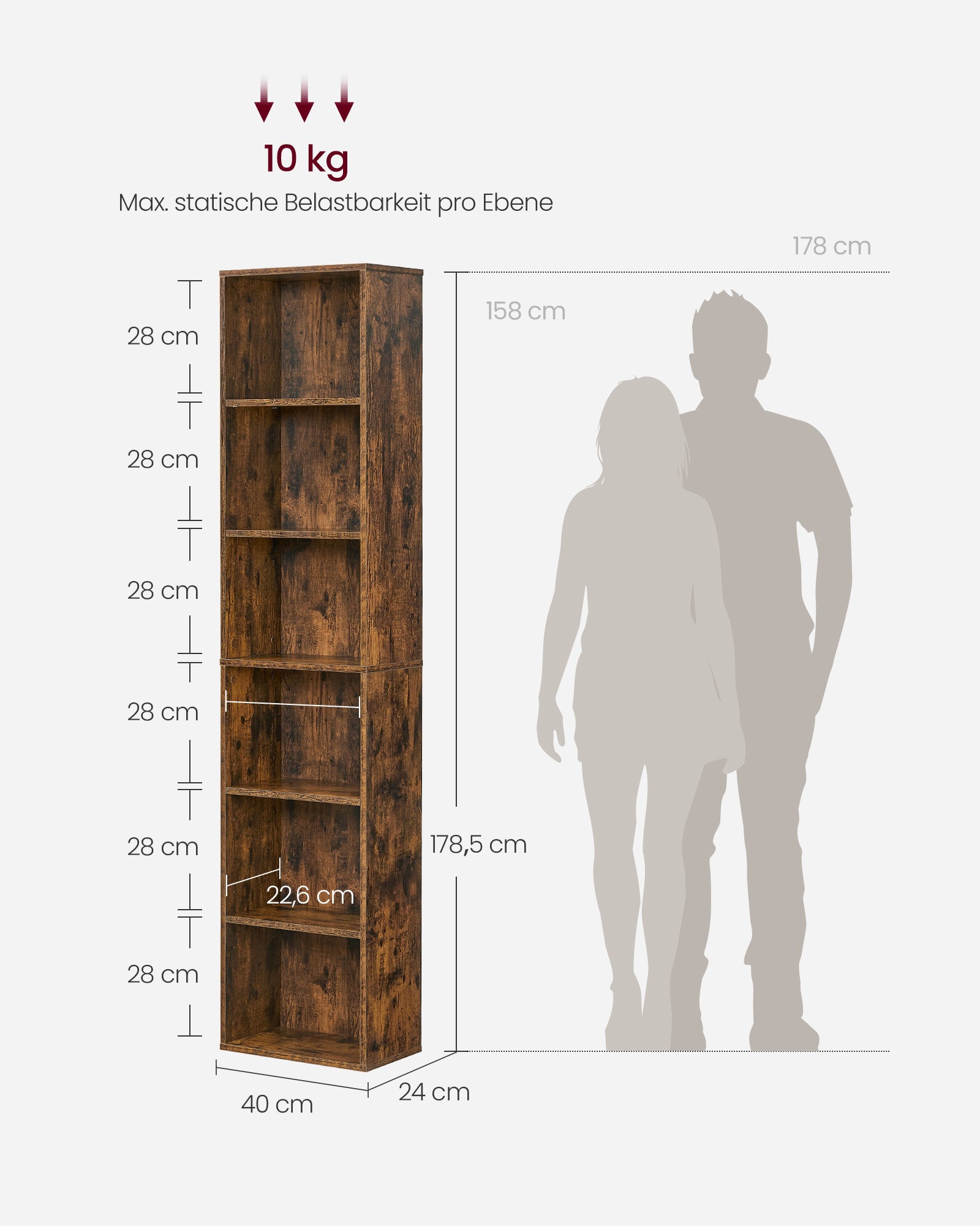 Boekenkast, Met 6 Niveaus 24 X 40 X 178,5 Cm Vintage Bruin